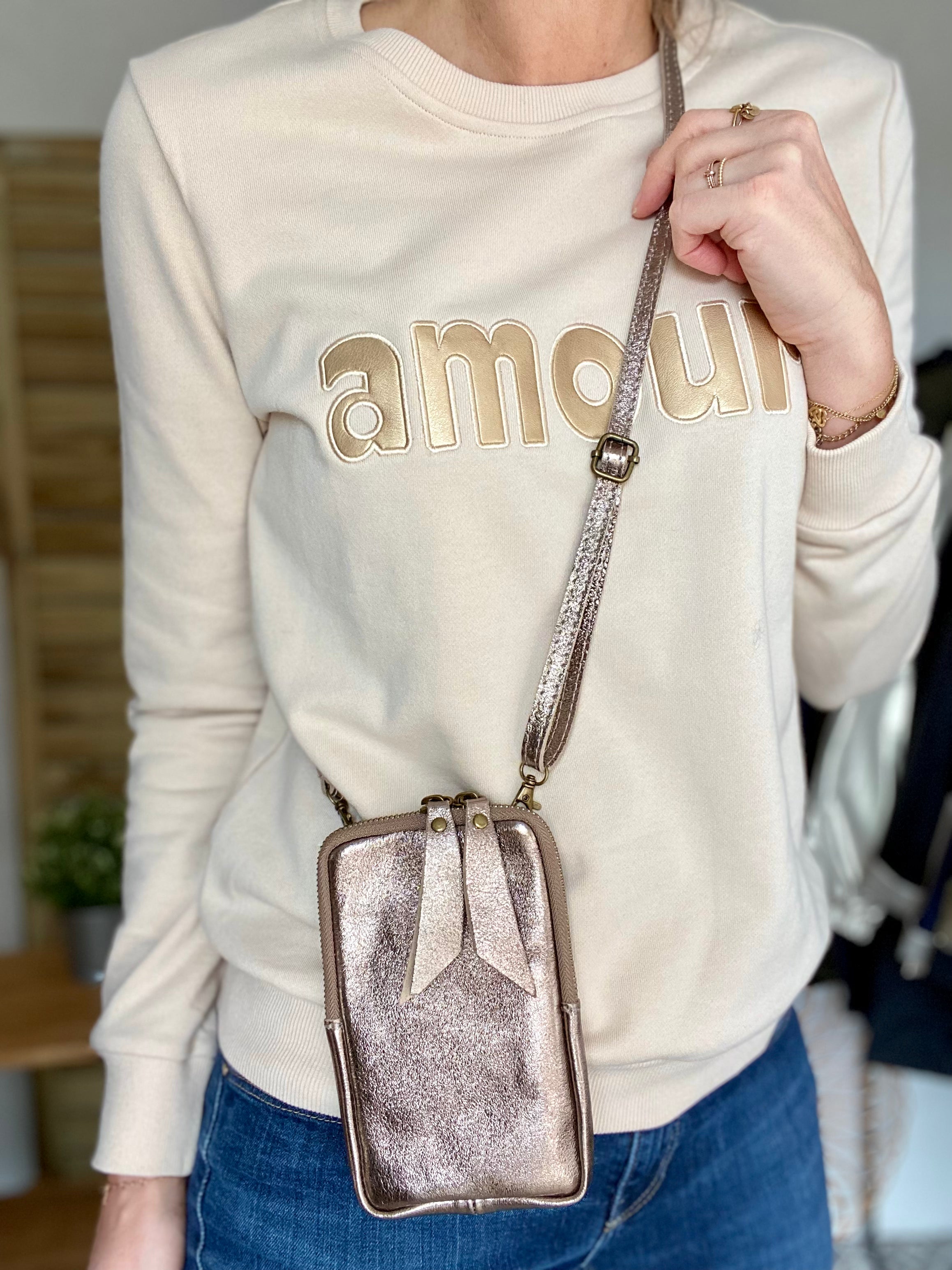 Pochette bandoulière pour téléphone en cuir irisé - STELLA - Bronze