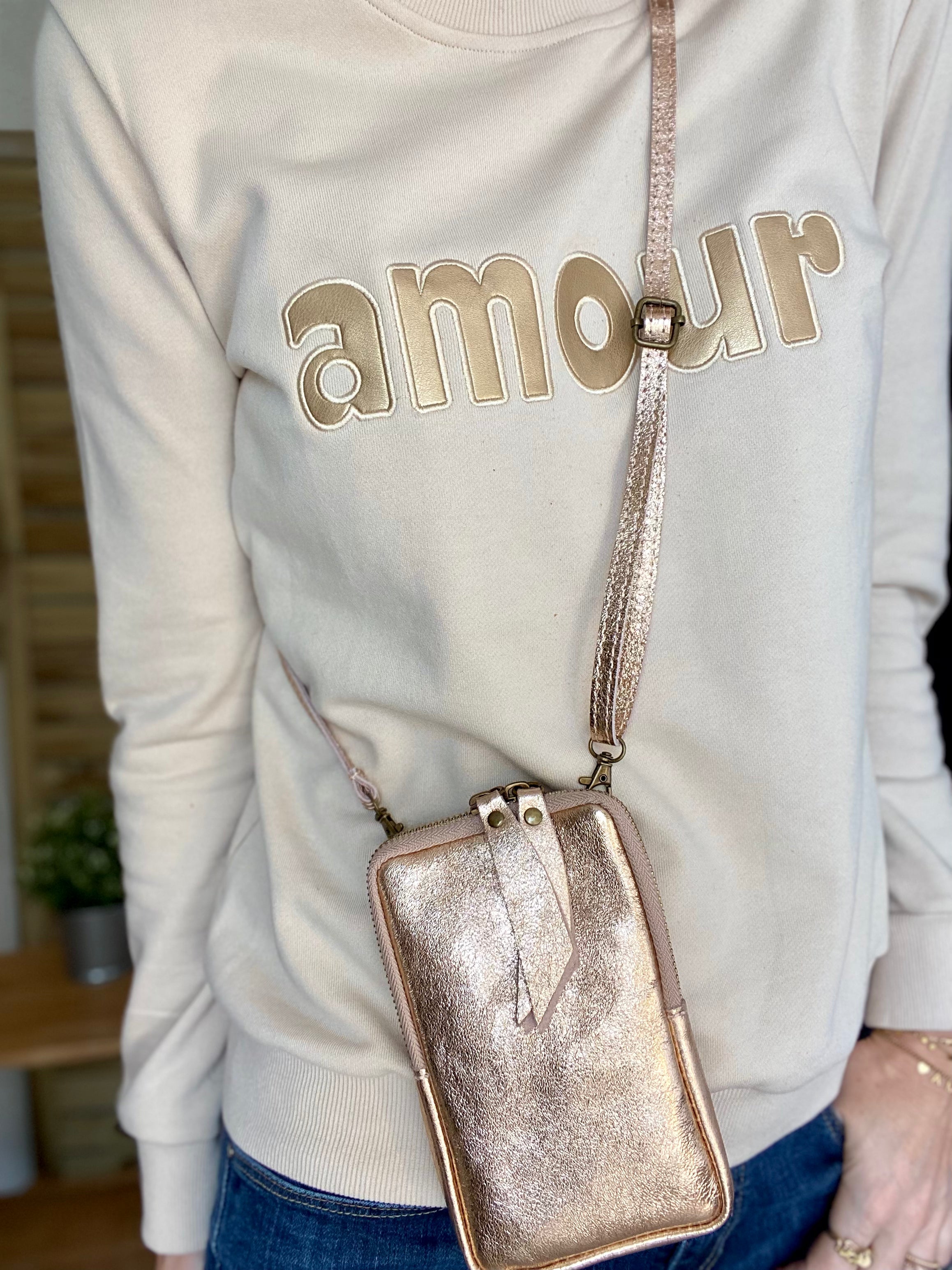 Pochette bandoulière pour téléphone en cuir irisé - STELLA - Cuivre rosé / rose Gold