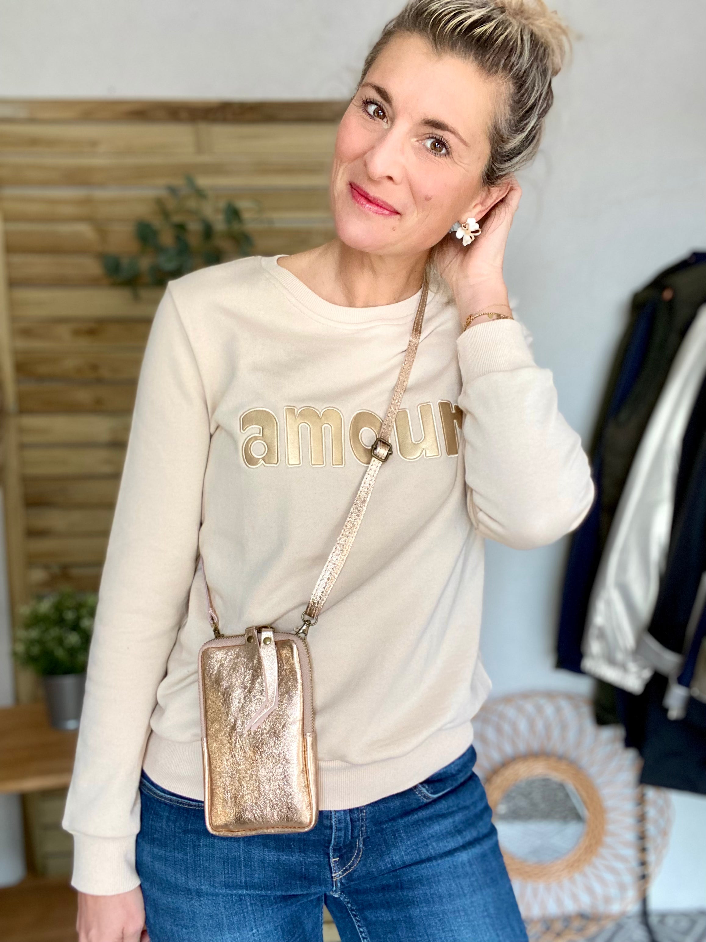 Pochette bandoulière pour téléphone en cuir irisé - STELLA - Cuivre rosé / rose Gold