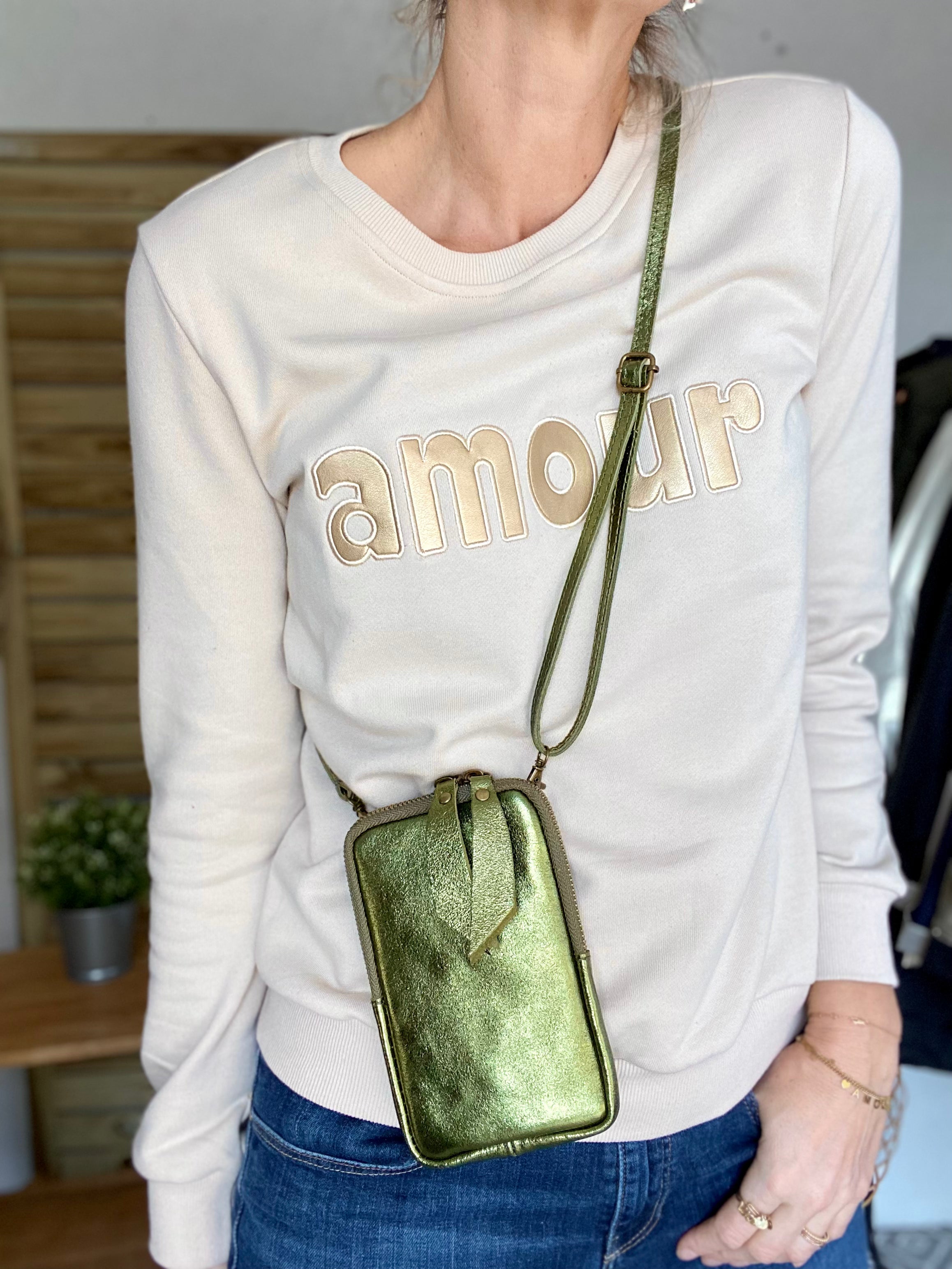 Pochette bandoulière pour téléphone en cuir irisé - STELLA - Kaki