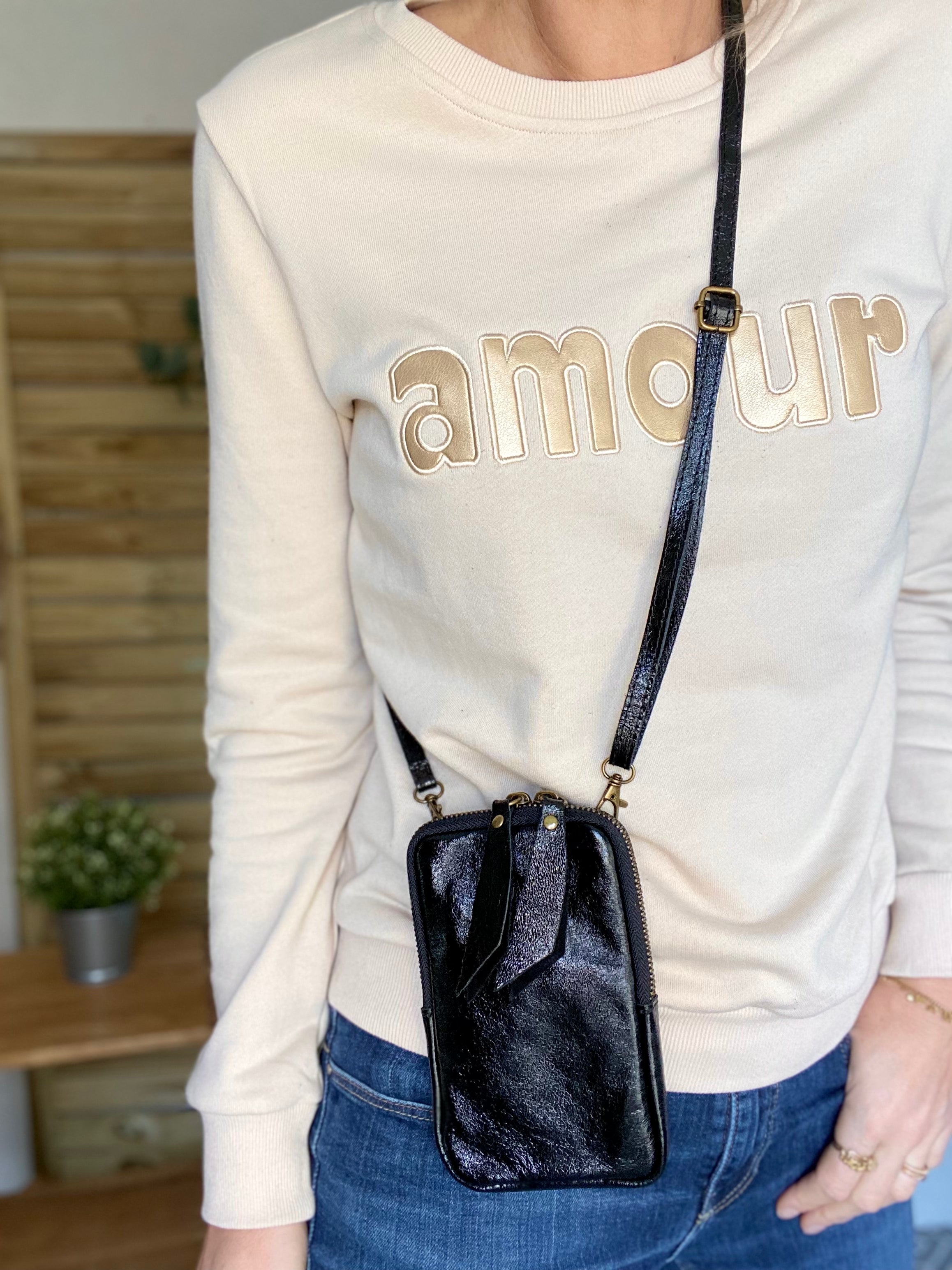 Pochette bandoulière pour téléphone en cuir irisé - STELLA - Noir