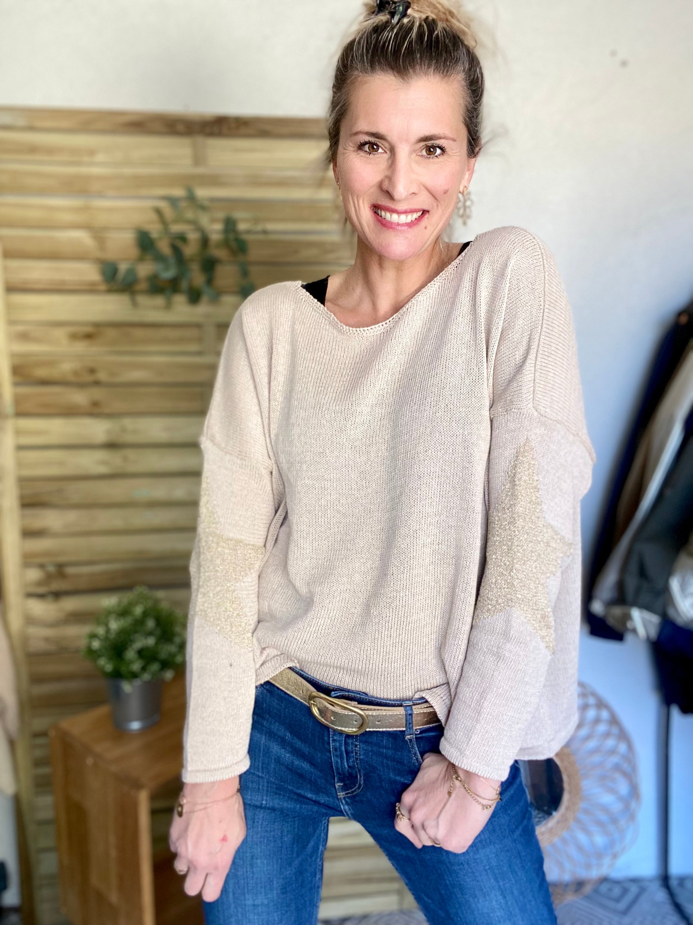 Pull Oversize étoiles dorées ALBA - Beige