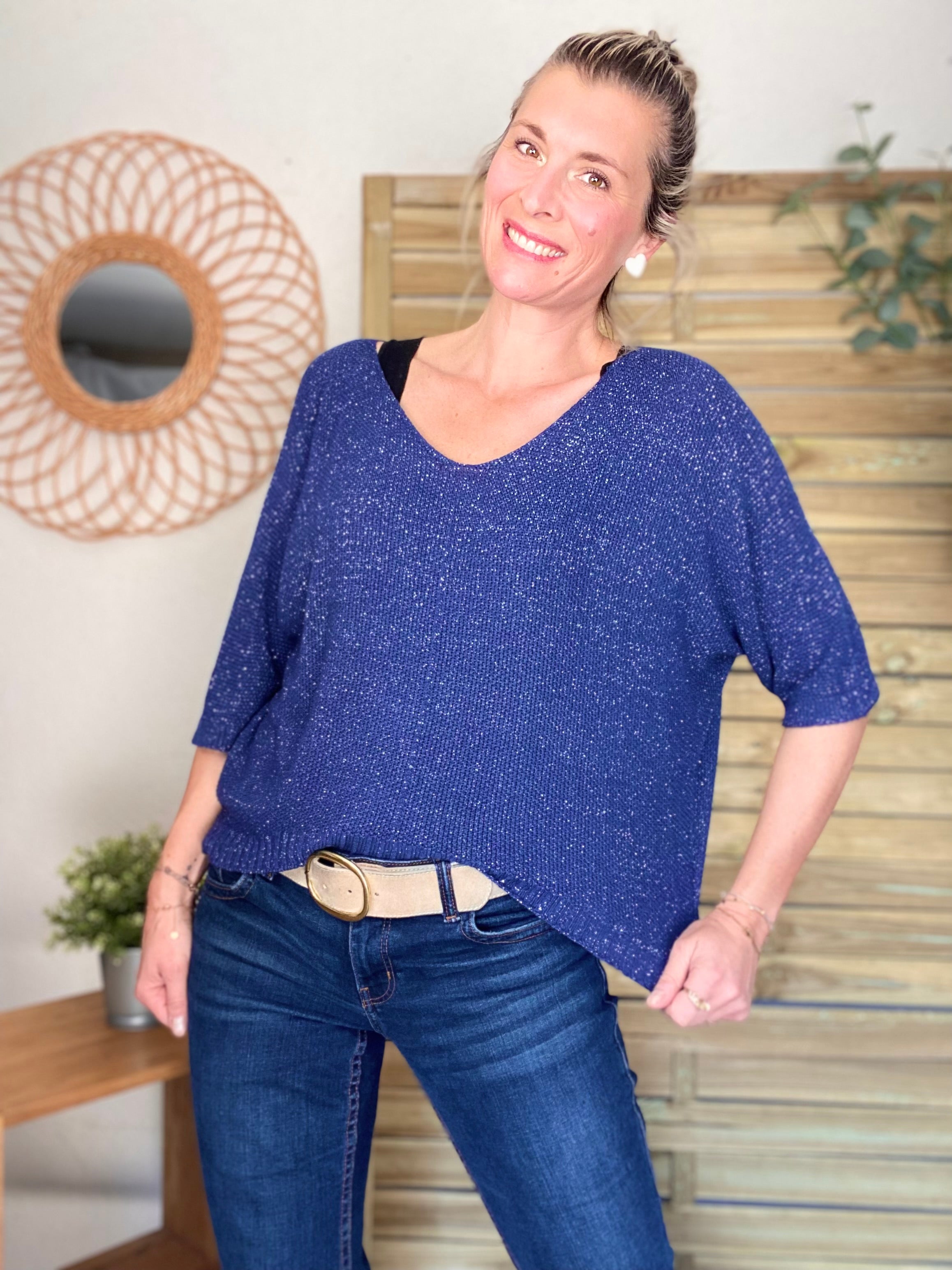 Pull fin col V avec lurex LÉONIE - Bleu marine