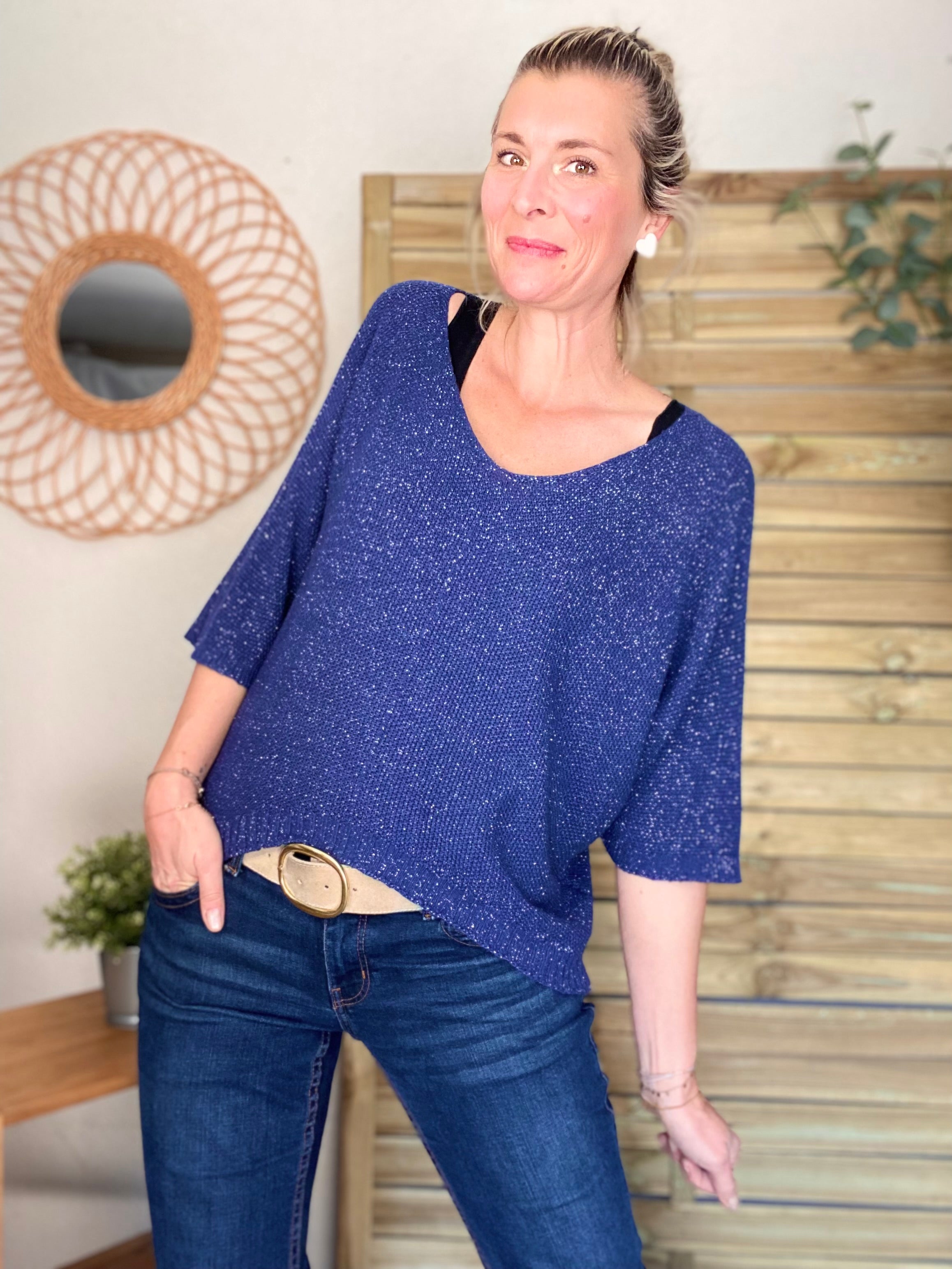 Pull fin col V avec lurex LÉONIE - Bleu marine