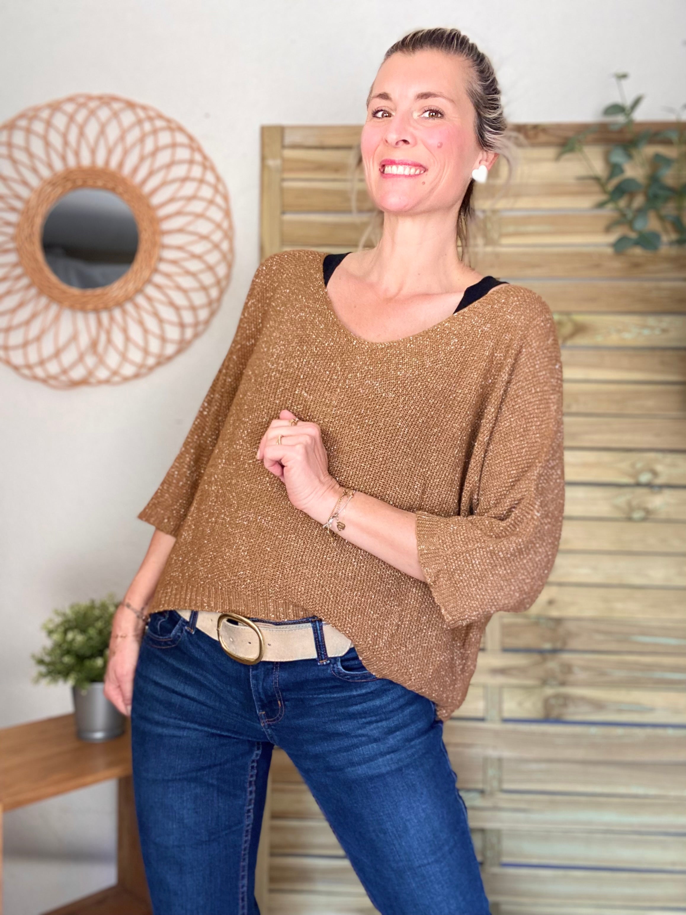 Pull fin col V avec lurex LÉONIE - Camel
