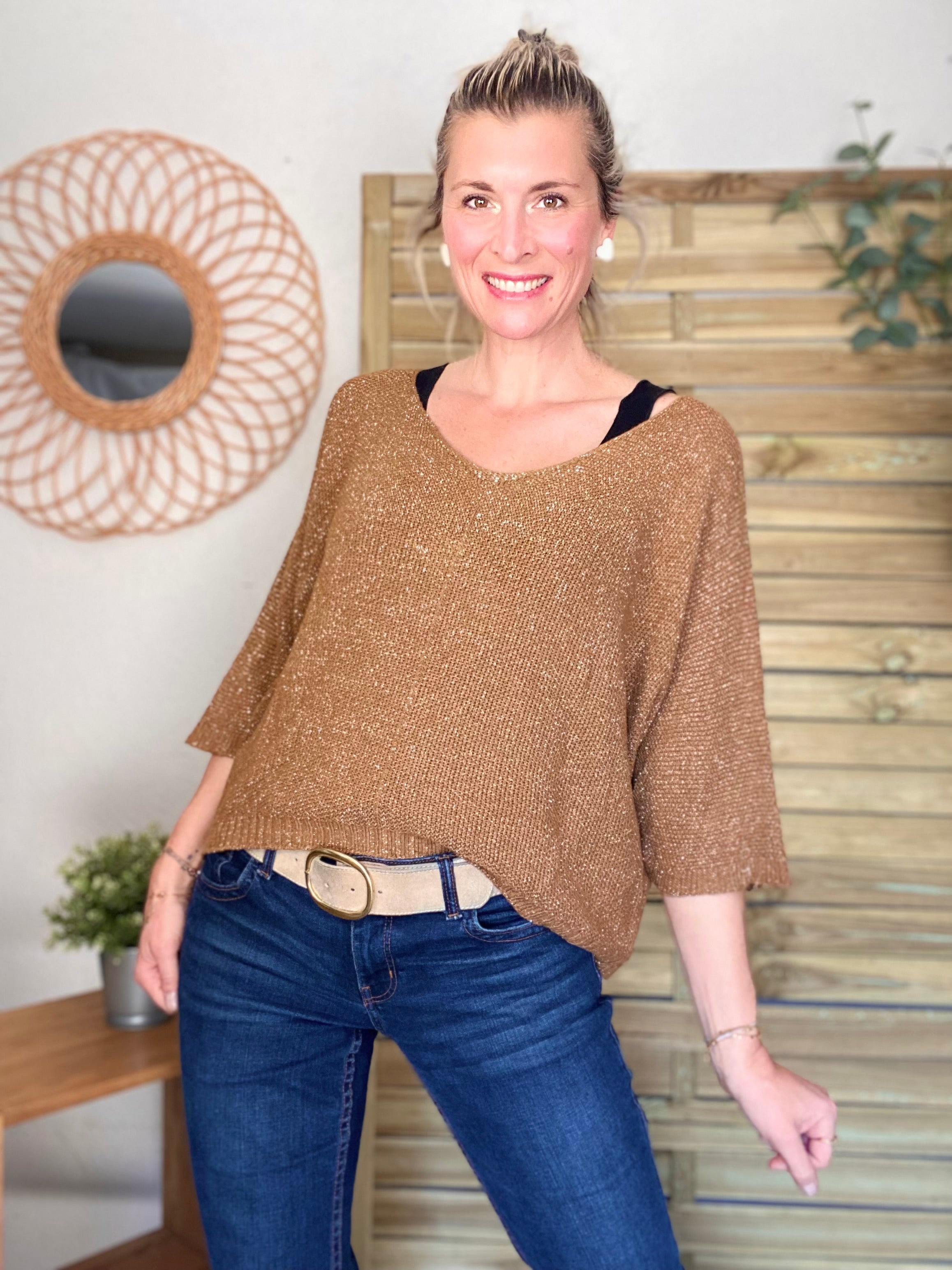 Pull fin col V avec lurex LÉONIE - Camel