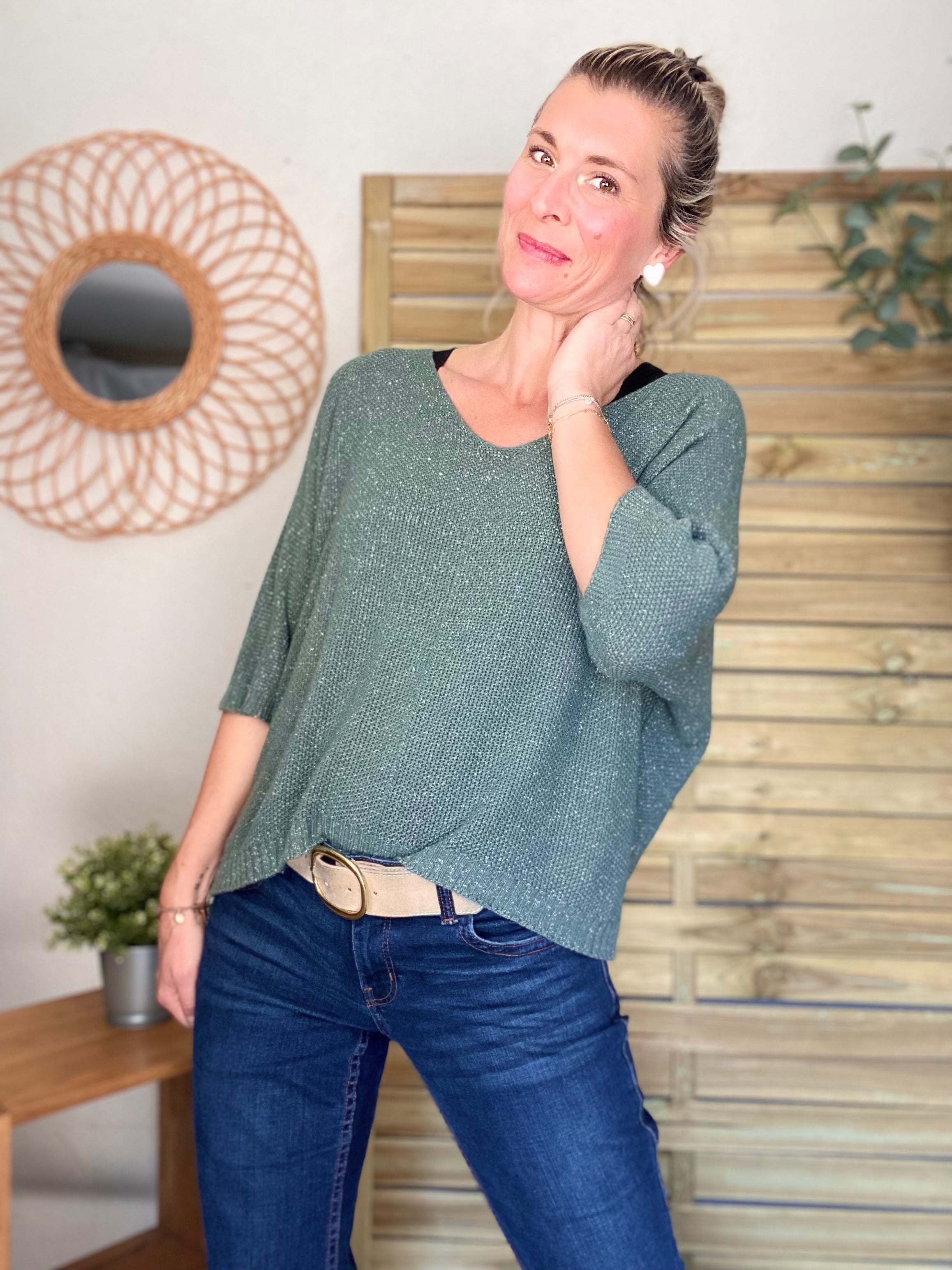 Pull fin col V avec lurex LÉONIE - Kaki clair