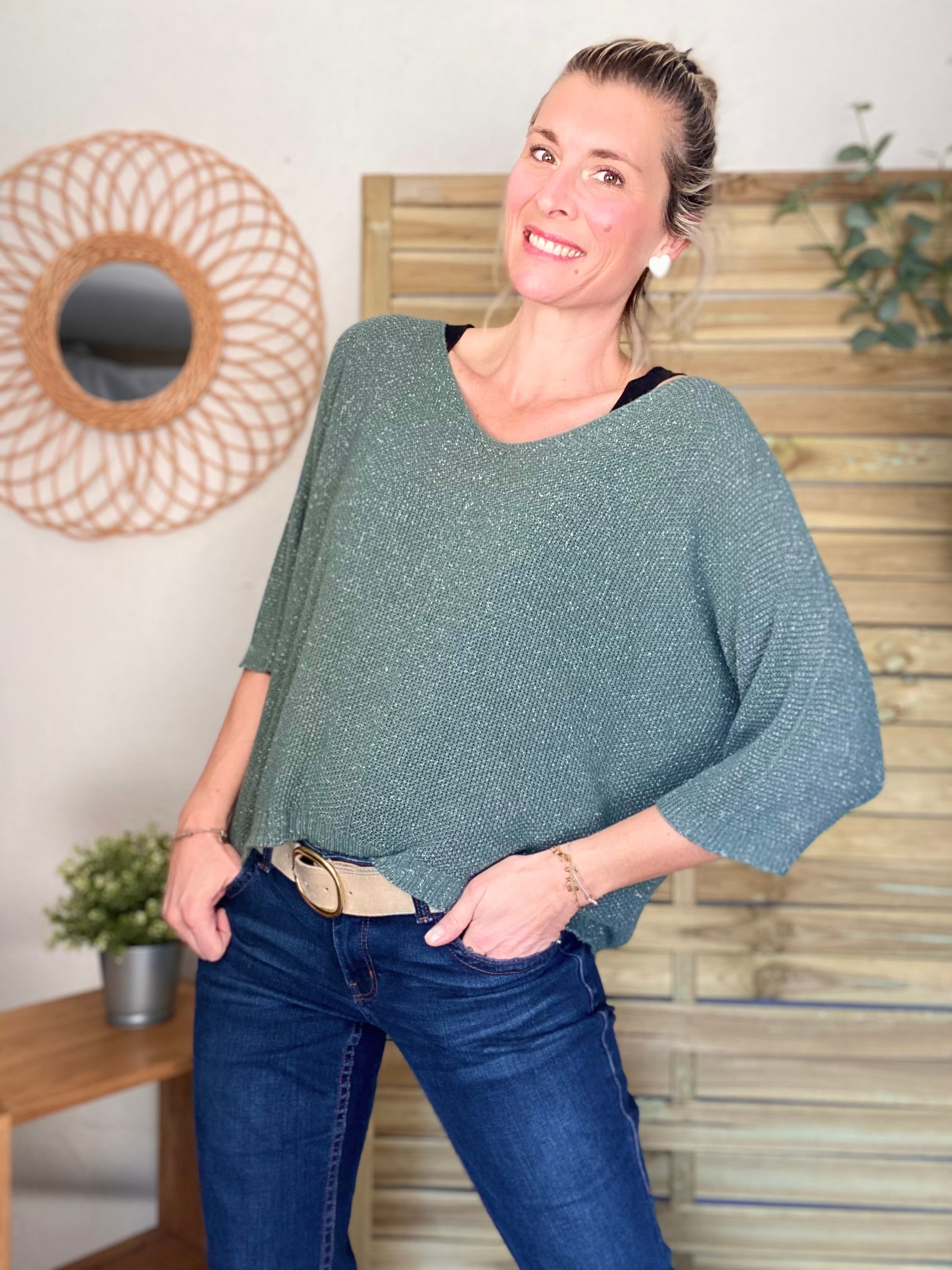 Pull fin col V avec lurex LÉONIE - Kaki clair