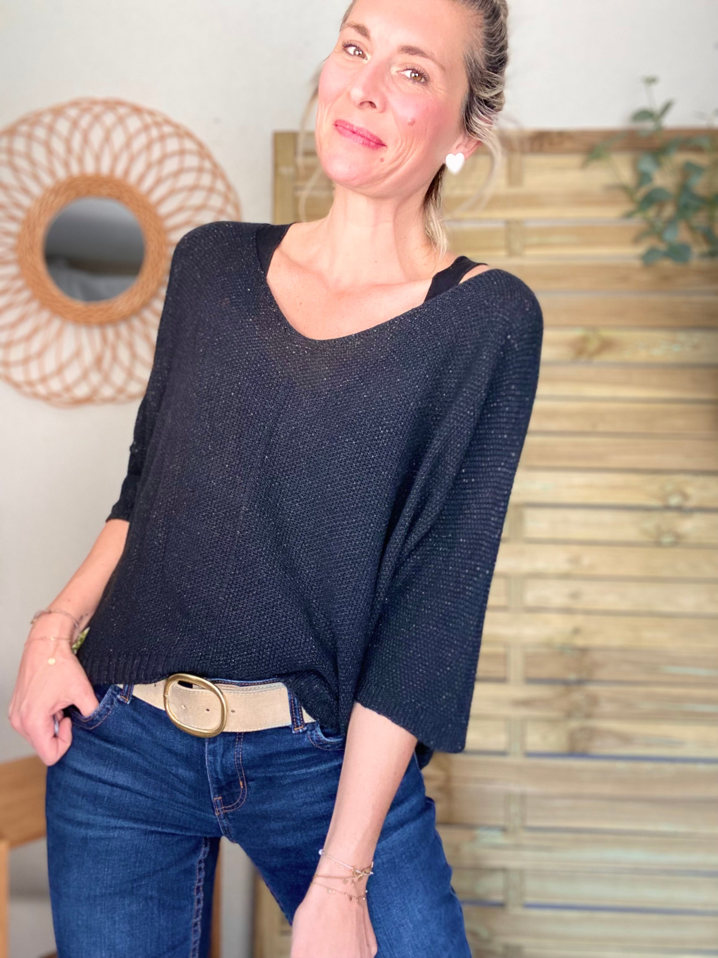 Pull fin col V avec lurex LÉONIE - Noir