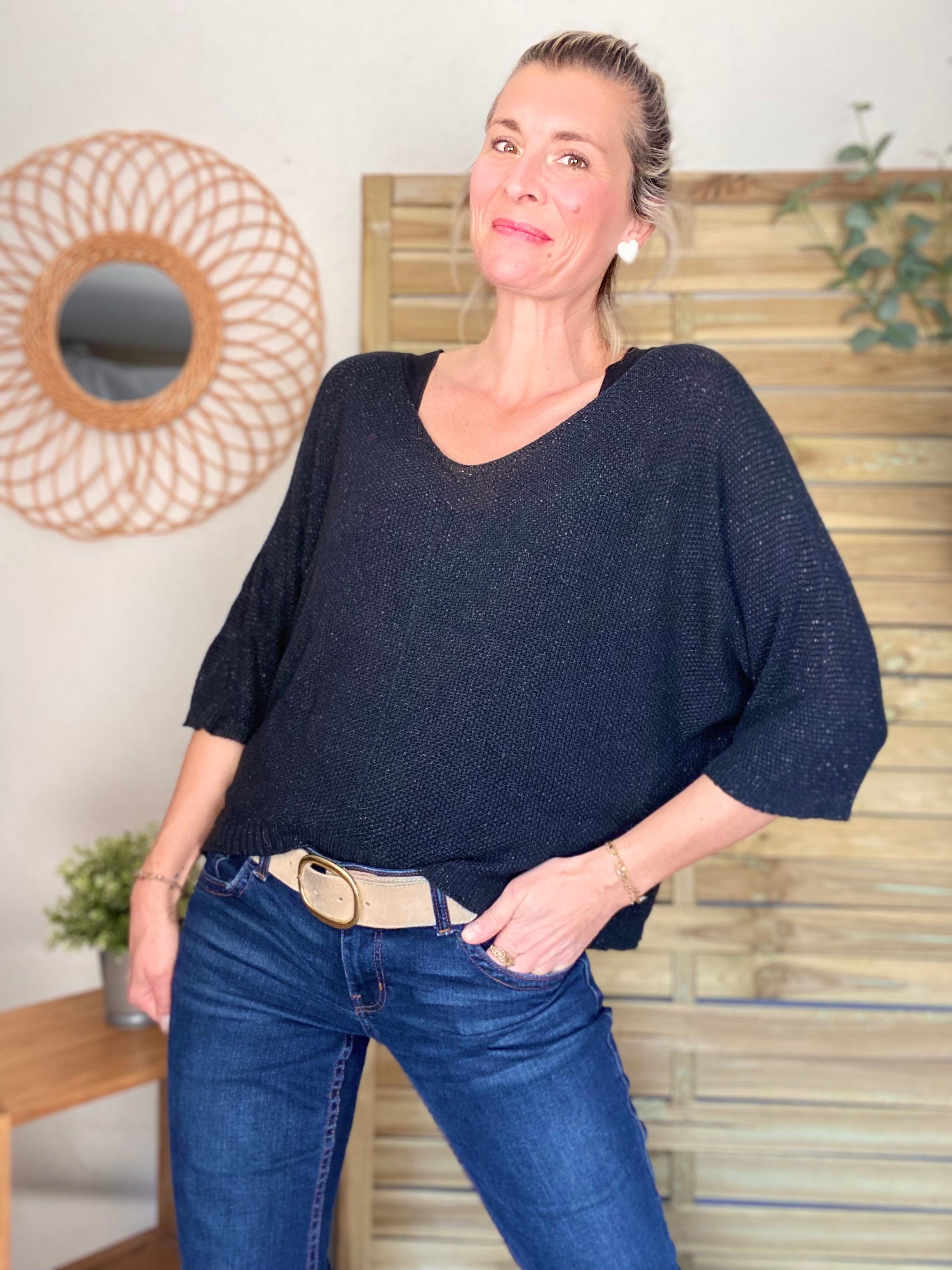 Pull fin col V avec lurex LÉONIE - Noir
