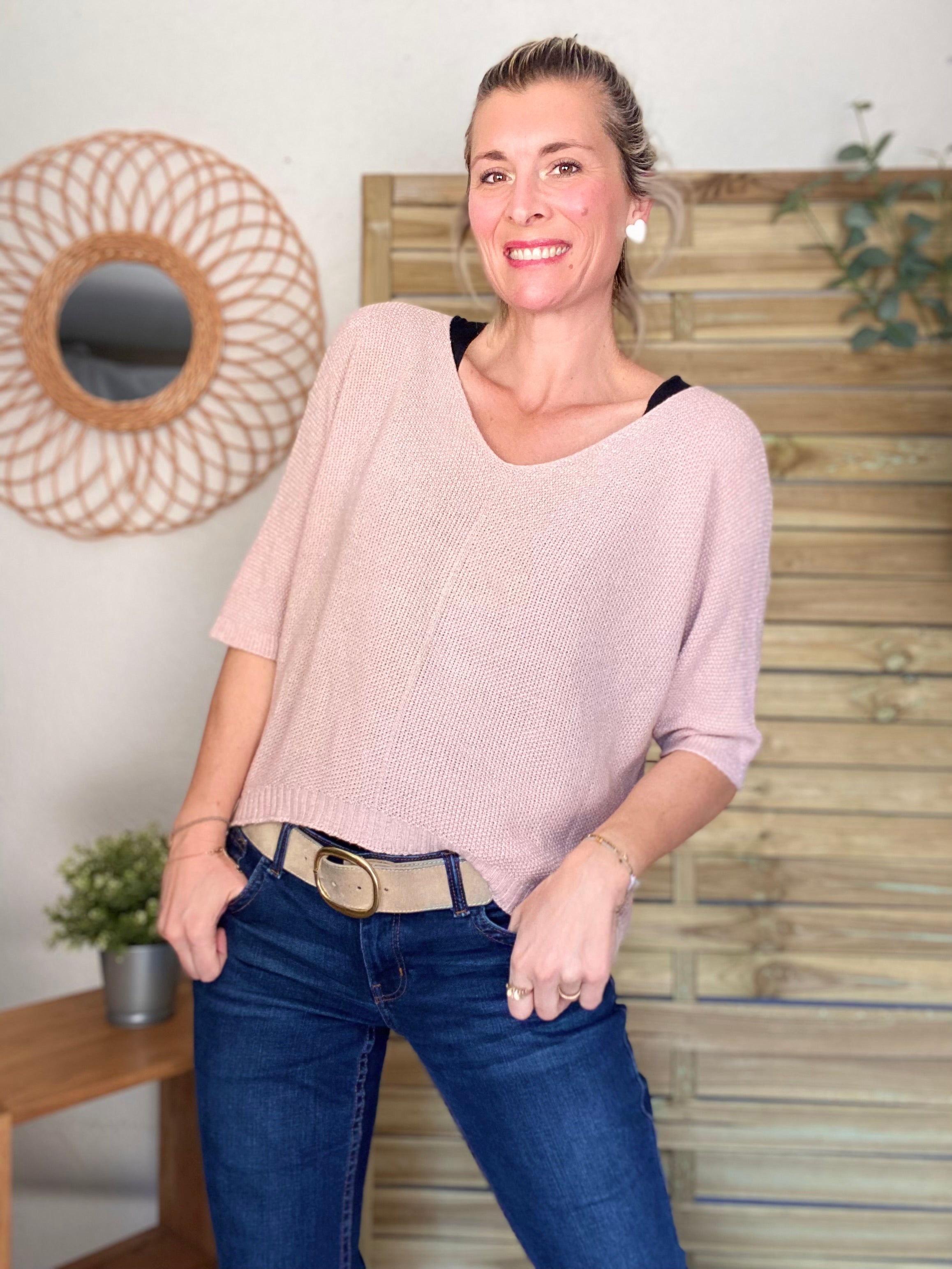 Pull fin col V avec lurex LÉONIE - Vieux rose