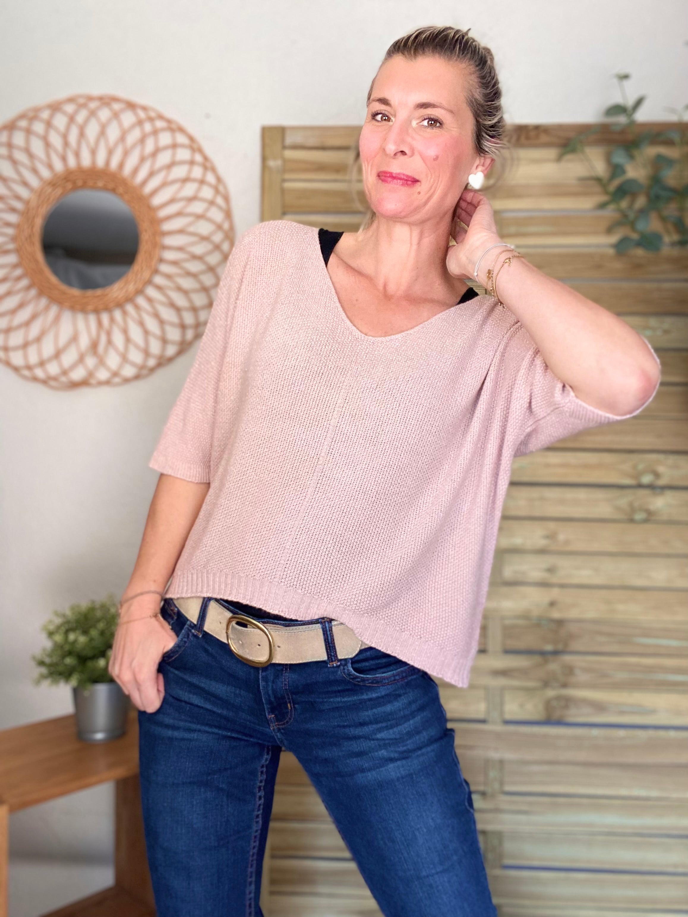Pull fin col V avec lurex LÉONIE - Vieux rose