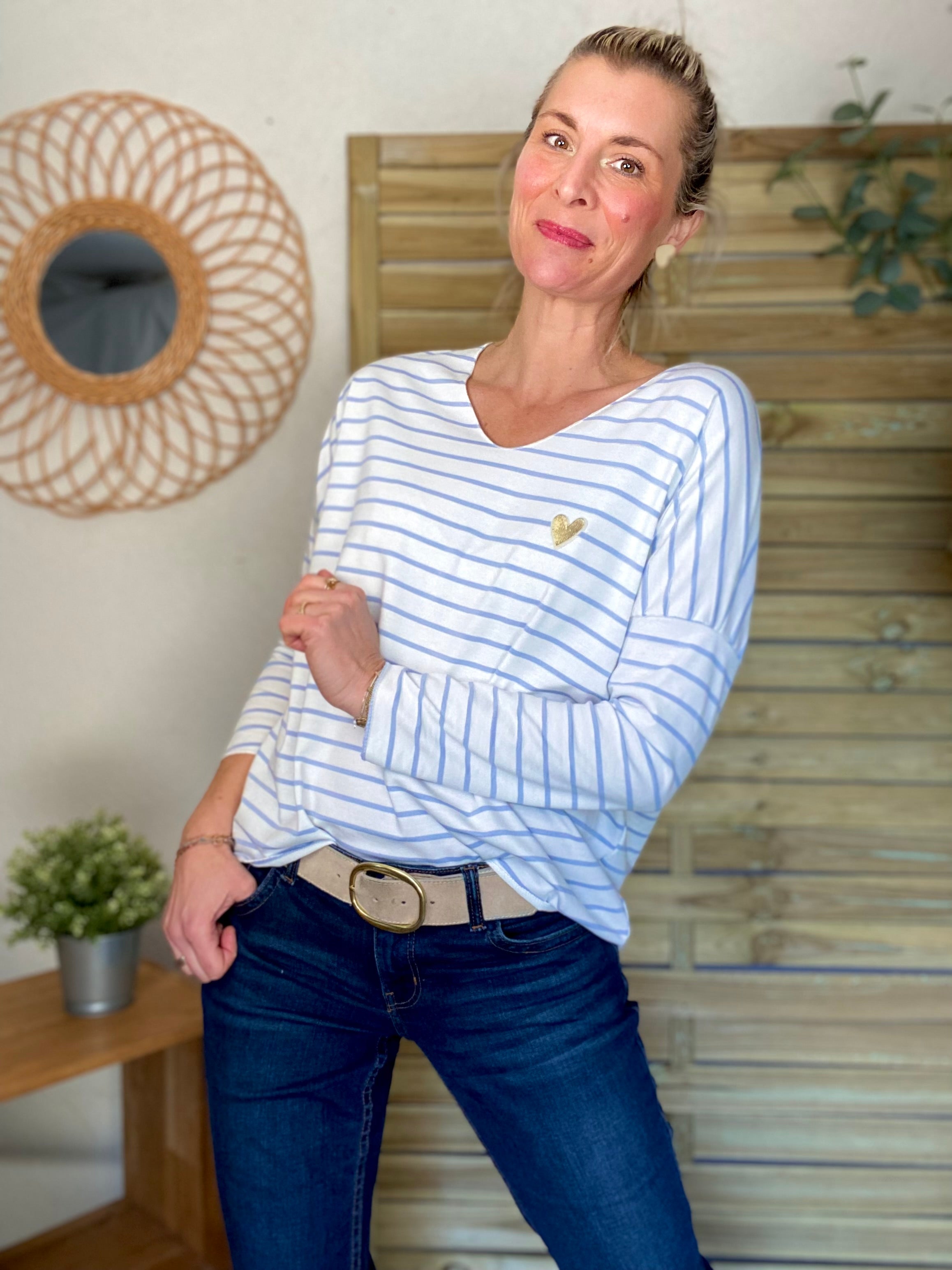 Pull fin rayé col V coeur doré NOLWENN - Bleu ciel