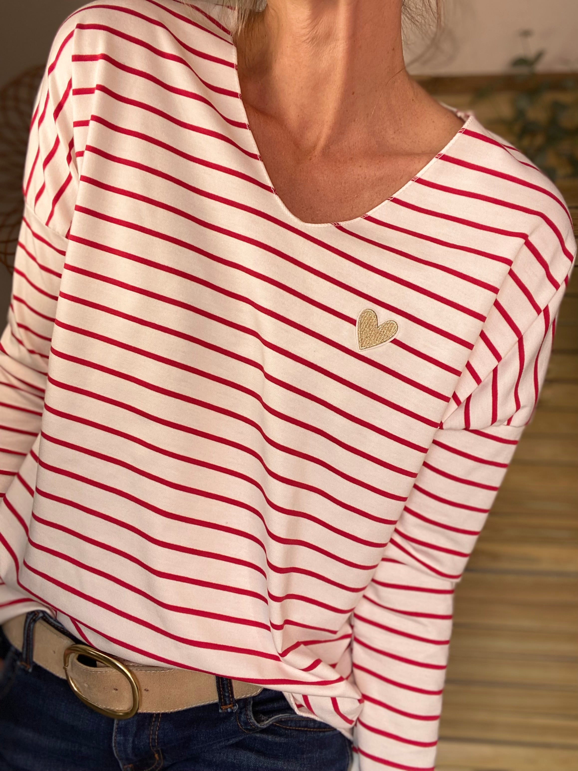 Pull fin rayé col V coeur doré NOLWENN - Rouge