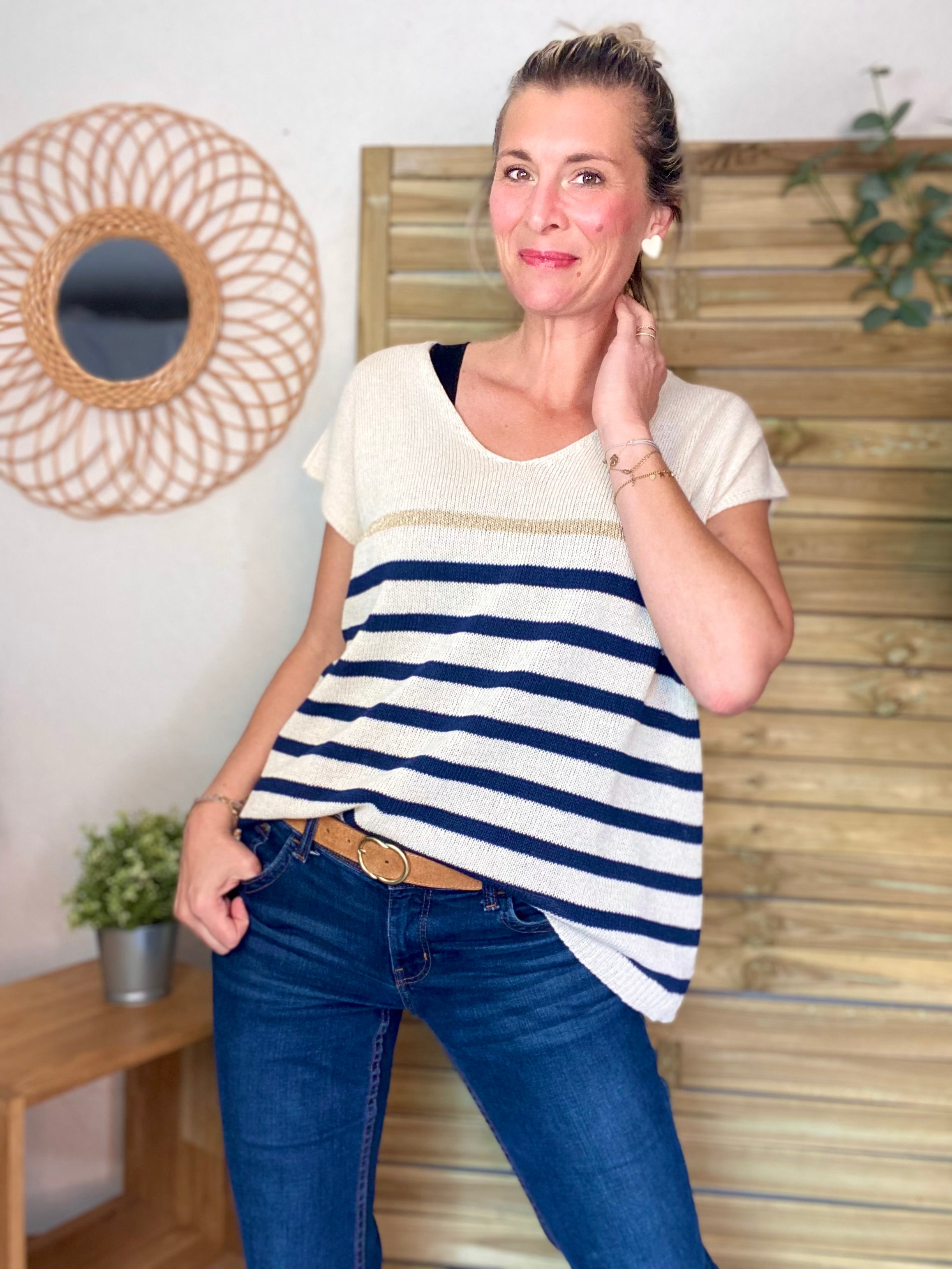 Pull rayé col V manches courtes SOAZIG - Bleu marine et doré