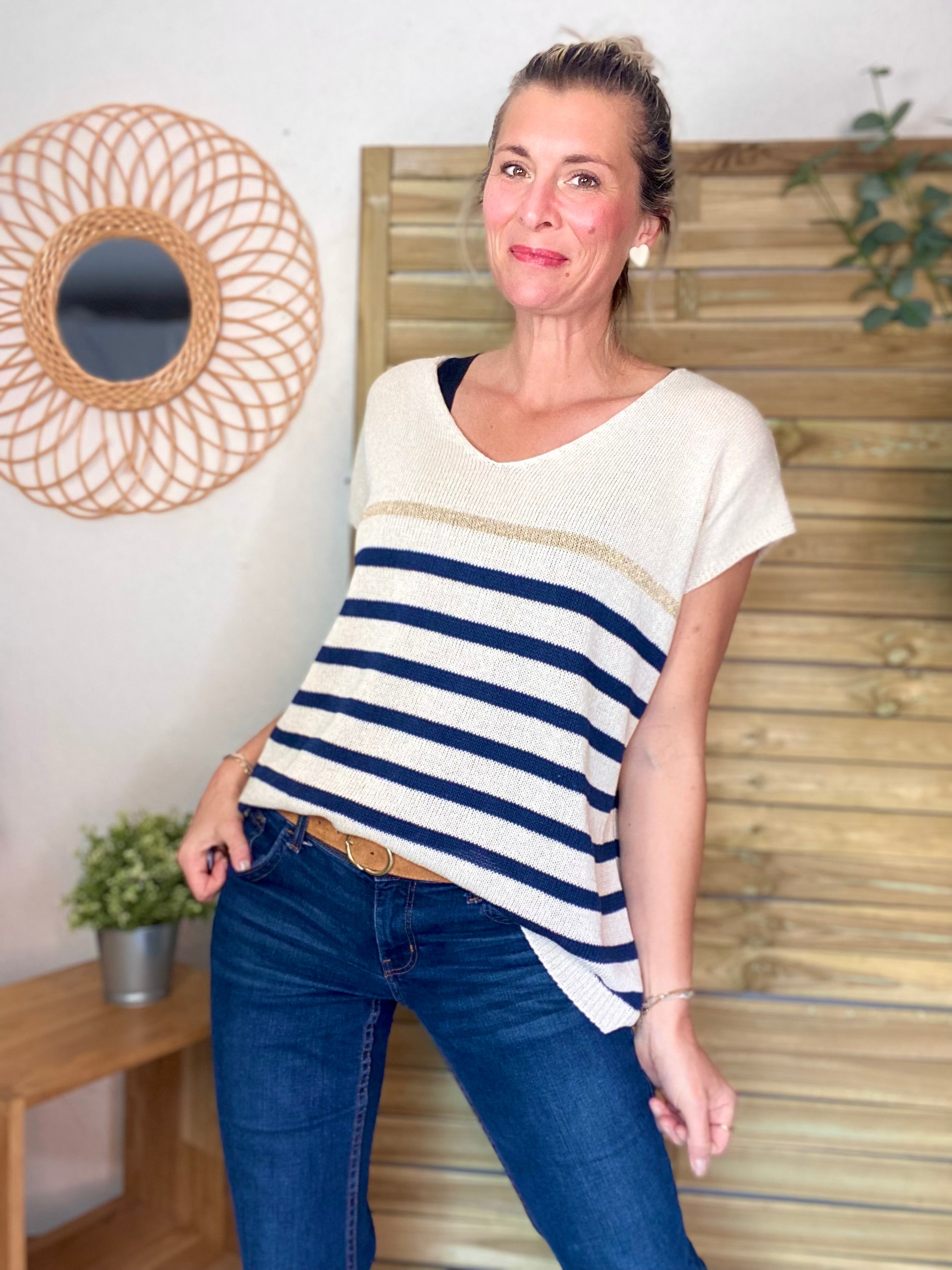 Pull rayé col V manches courtes SOAZIG - Bleu marine et doré