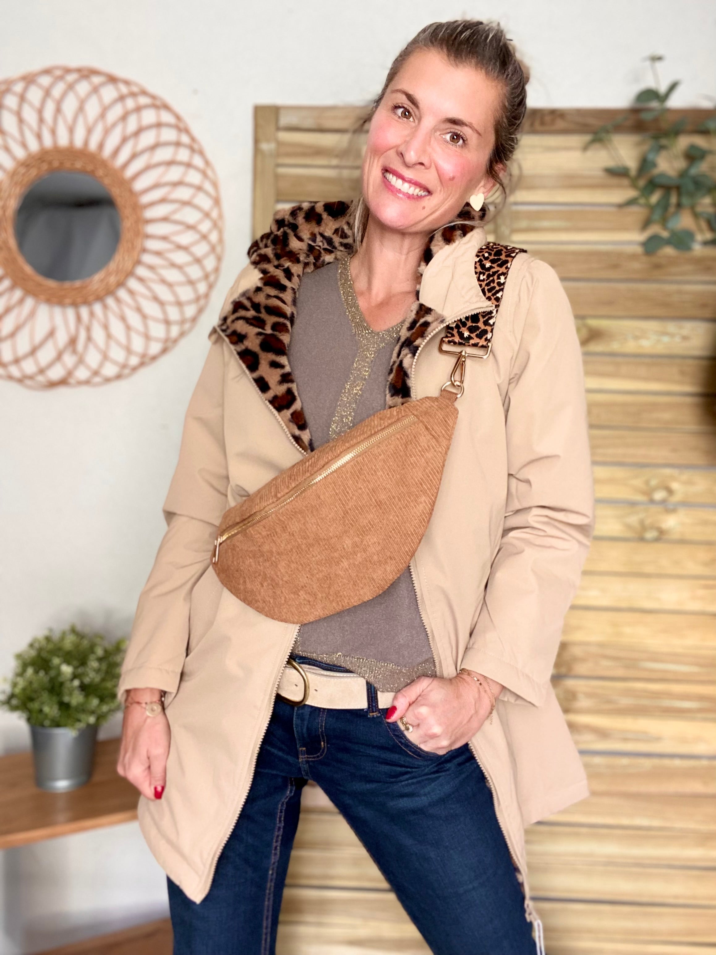 SAC BANANE IVY VELOURS CAMEL ET PARKA DEPERLANTE ALABANE BEIGE LEOPARD