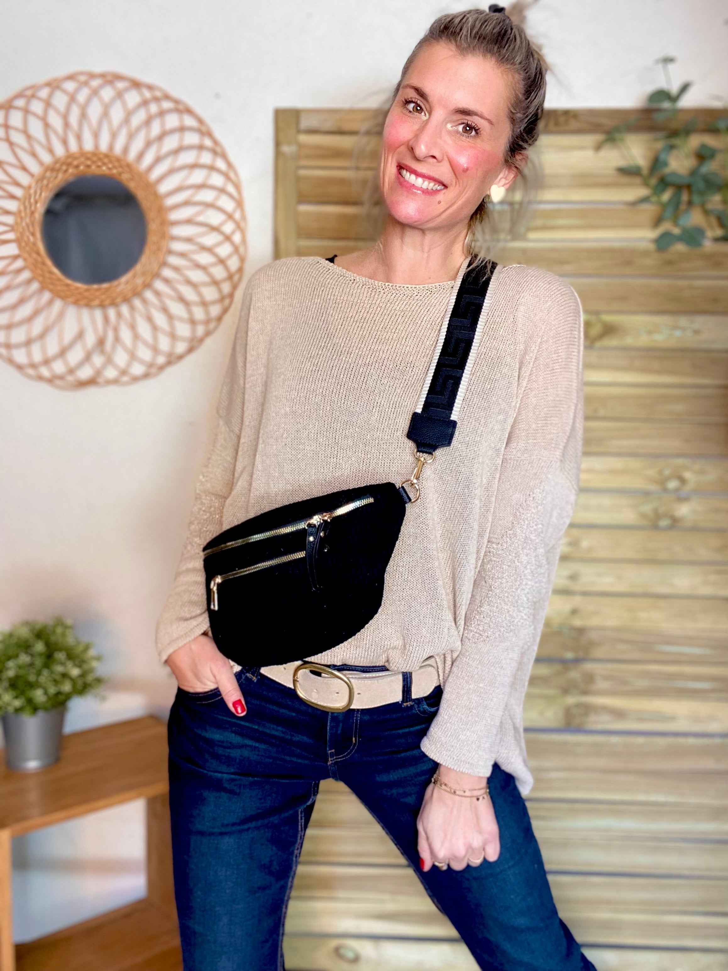 Sac banane L en velours côtelé 2 zips et sangle bicolore - ASHLY - Noir (côtelé large)
