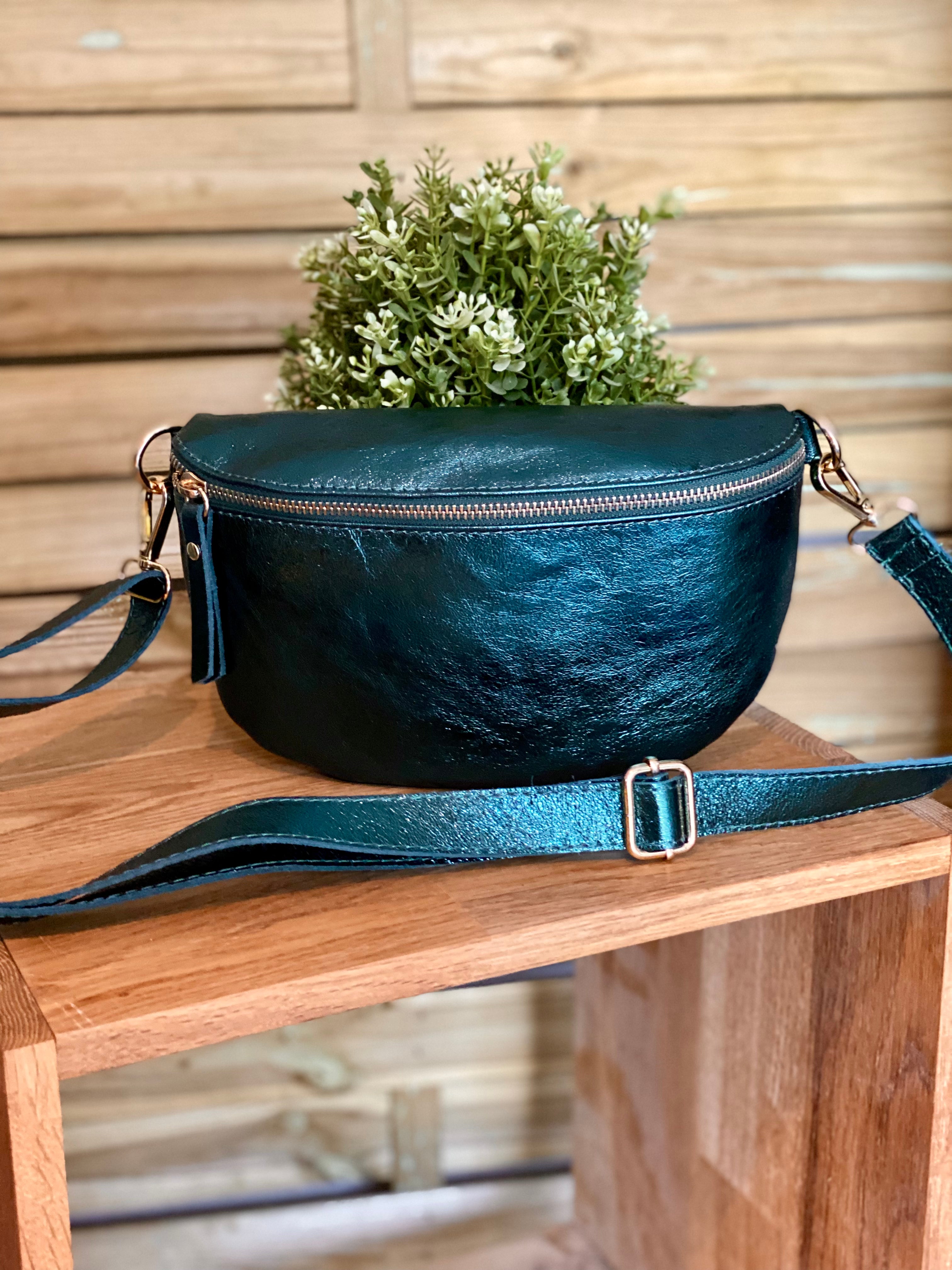 Sac banane M en cuir irisé 24cm ROMY Bleu pétrole
