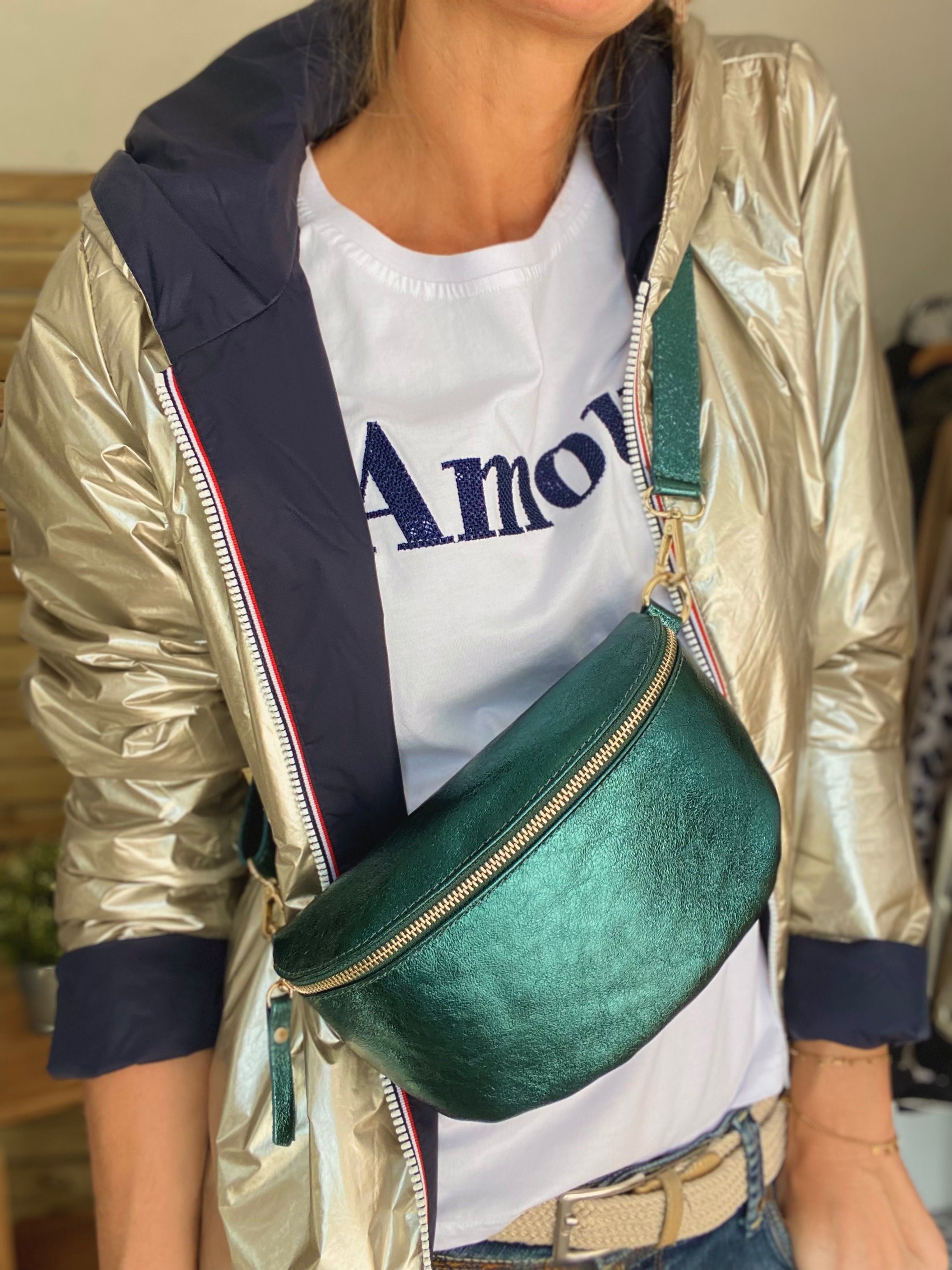 Sac banane M en cuir irisé 24cm ROMY Bleu pétrole