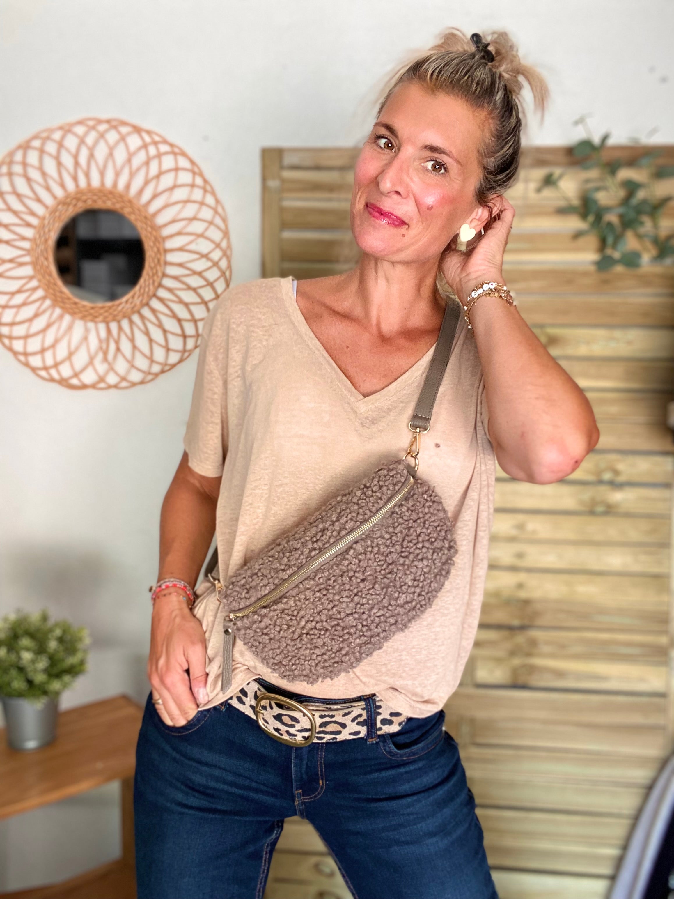 Sac banane Moumoute et cuir CARRY -  Taupe