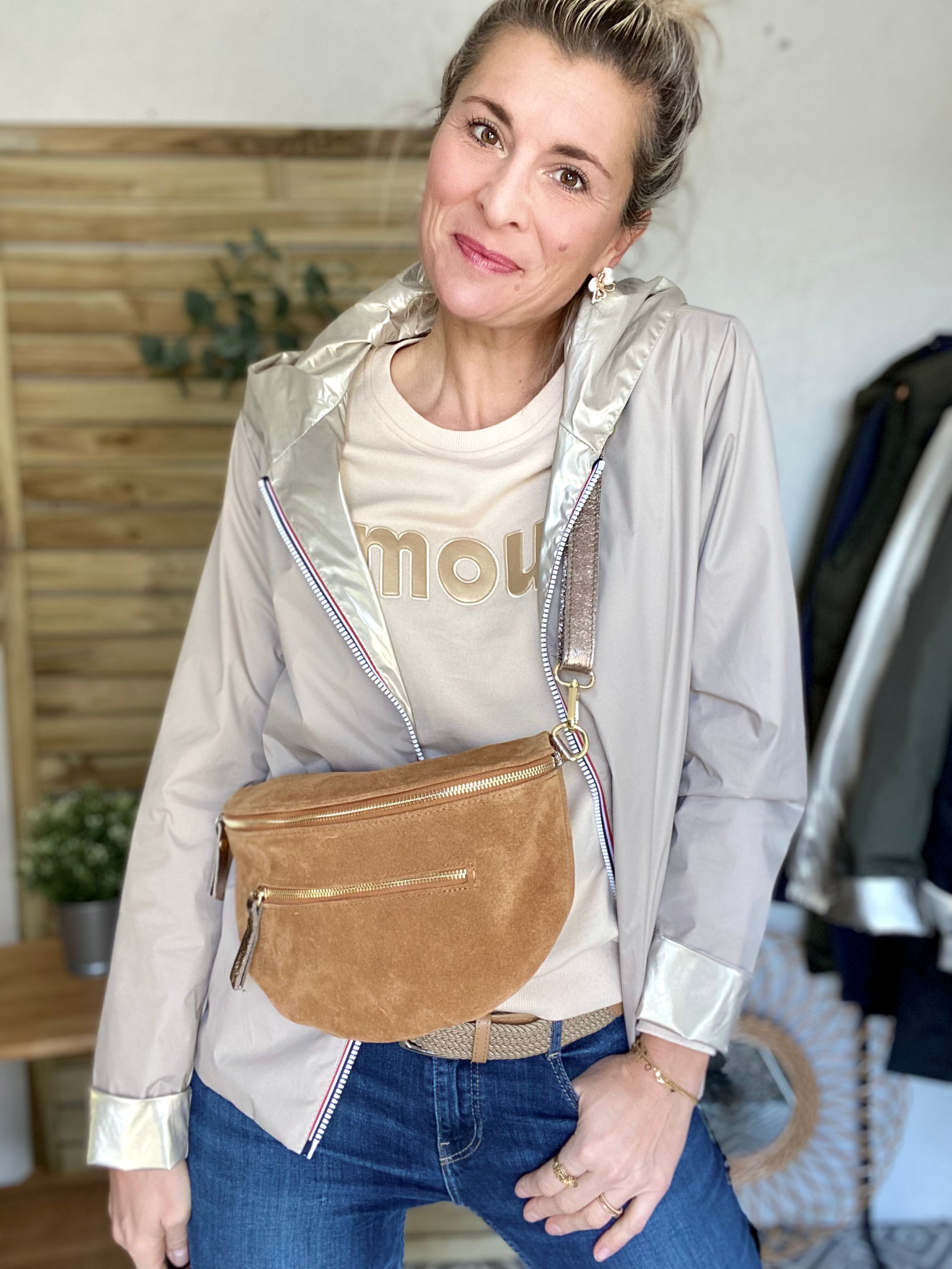 Sac banane XL 2 zips en cuir velours et irisé 30cm TERRY - Camel 