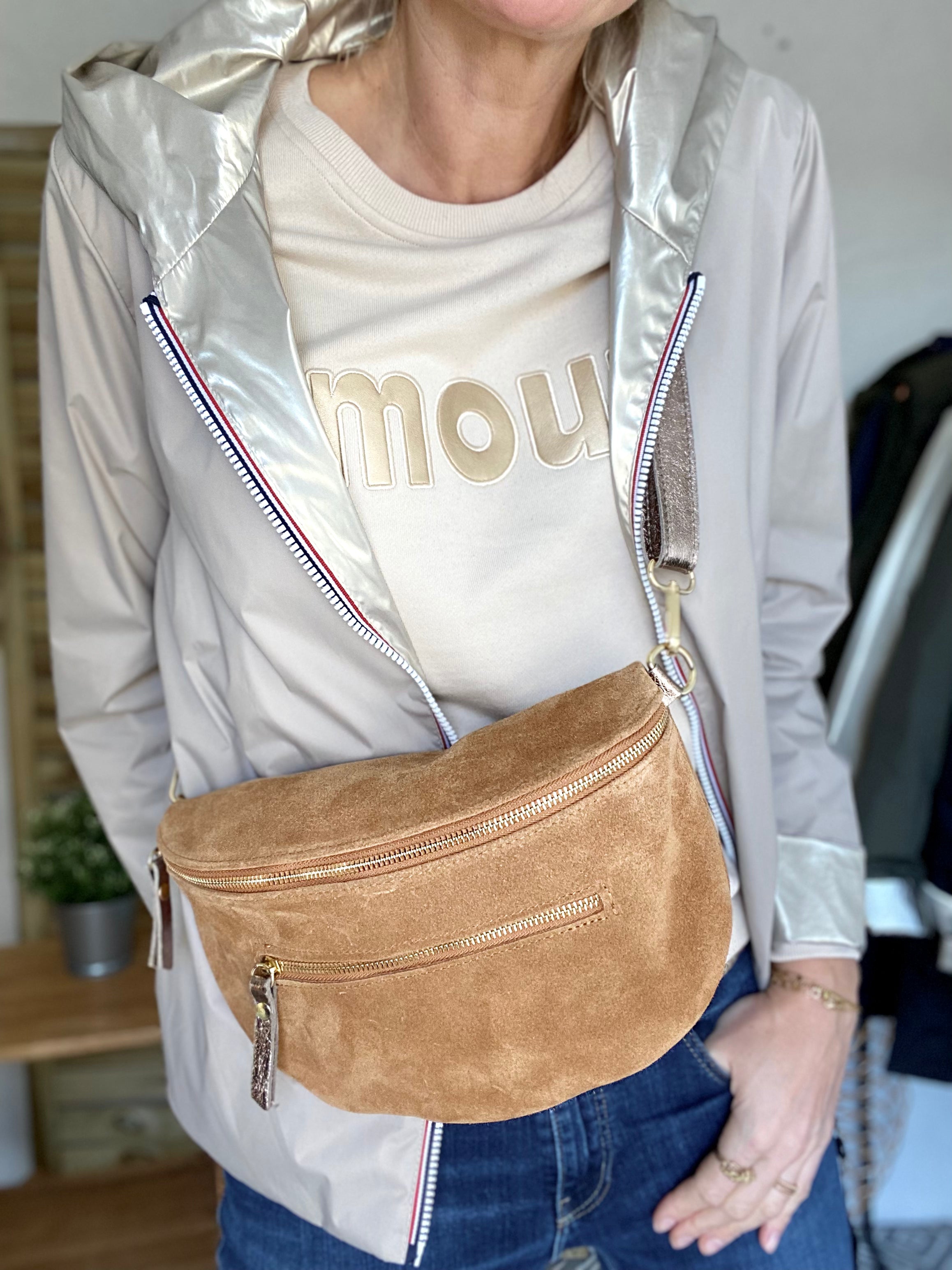 Sac banane XL 2 zips en cuir velours et irisé 30cm TERRY - Camel 