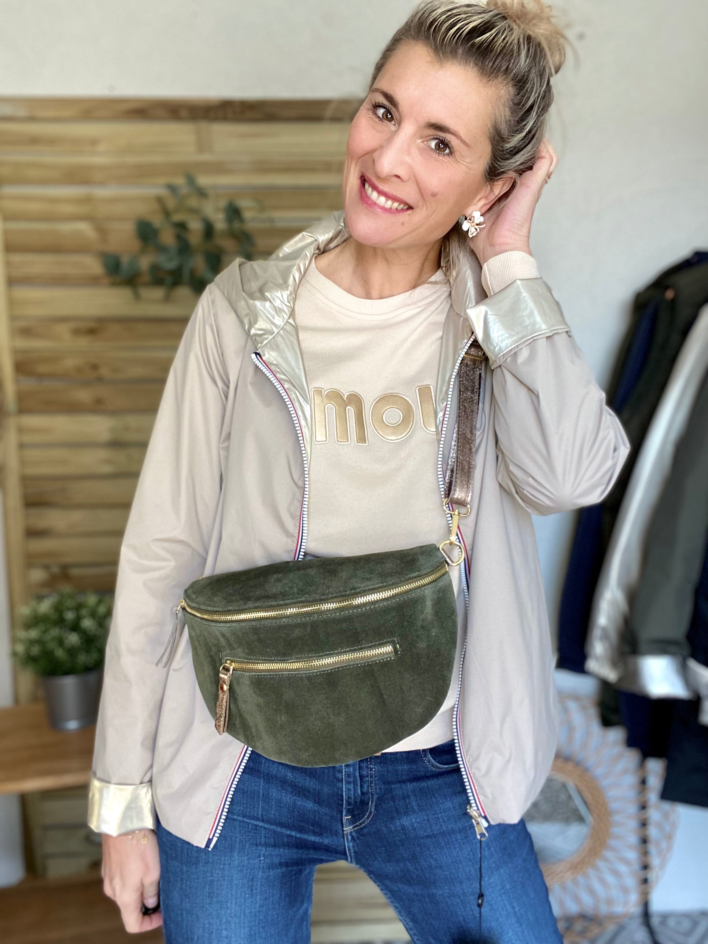 Sac banane XL 2 zips en cuir velours et irisé 30cm TERRY - Kaki 