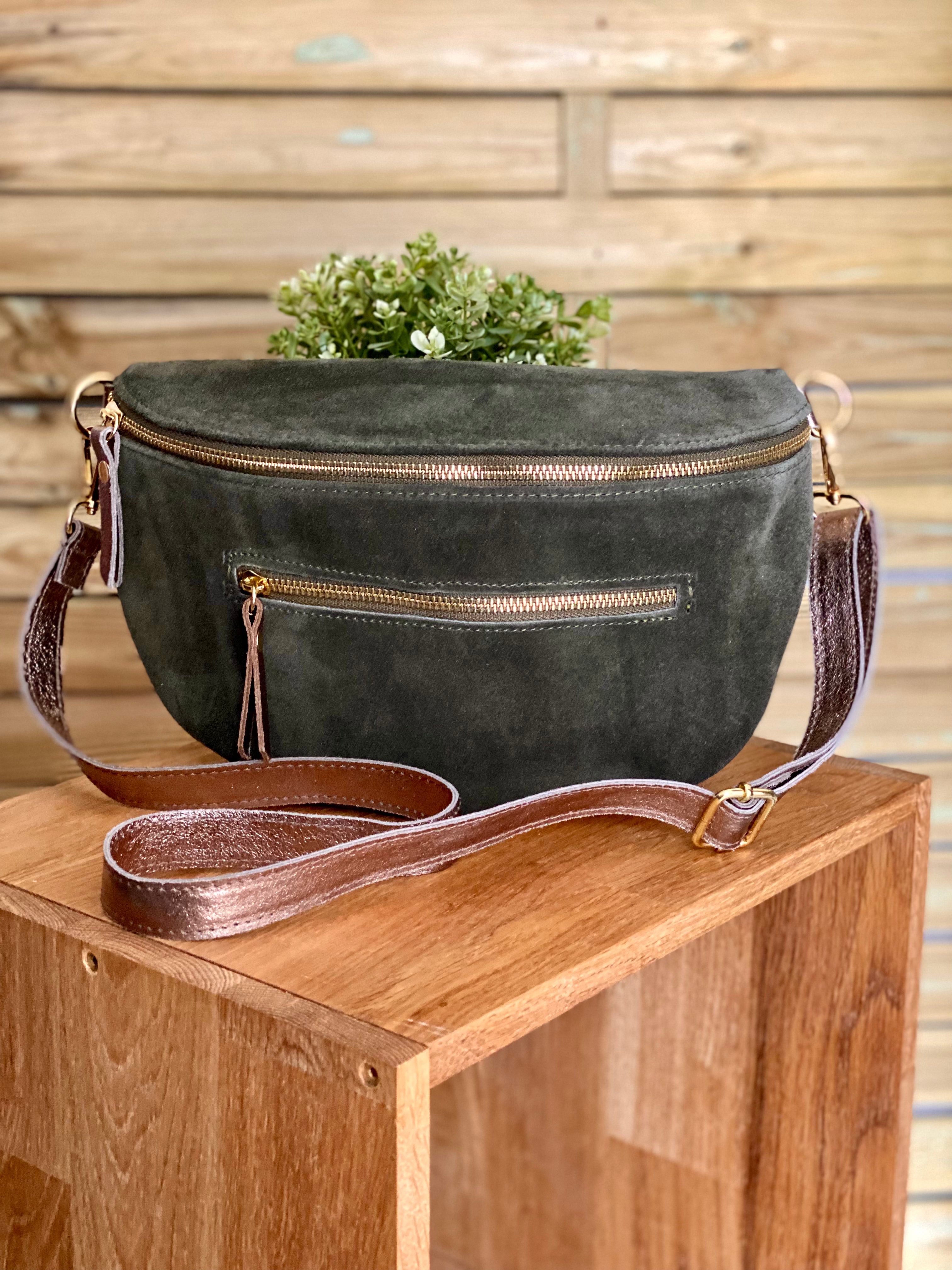Sac banane XL 2 zips en cuir velours et irisé 30cm TERRY - Kaki 