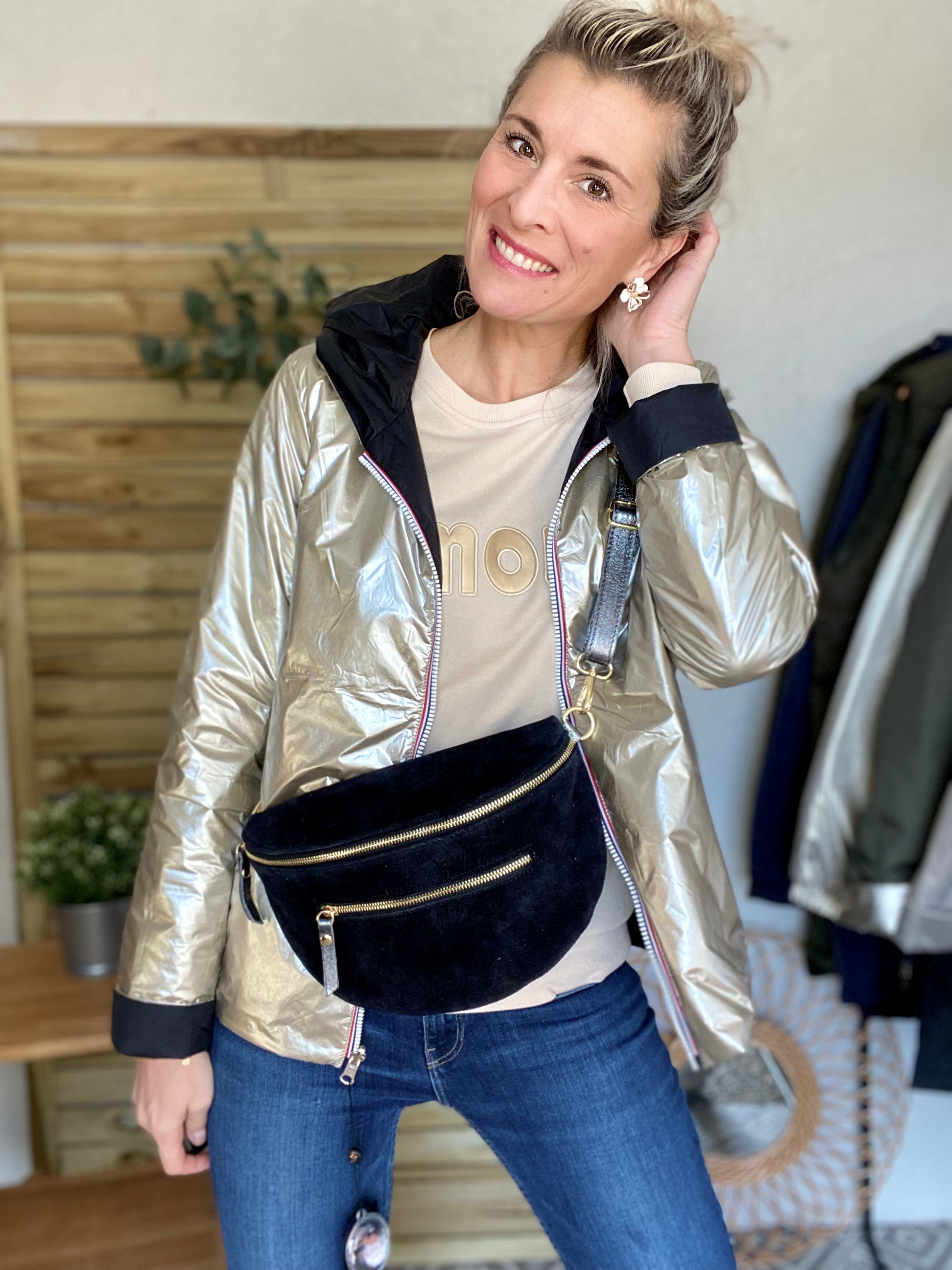 Sac banane XL 2 zips en cuir velours et irisé 30cm TERRY - Noir