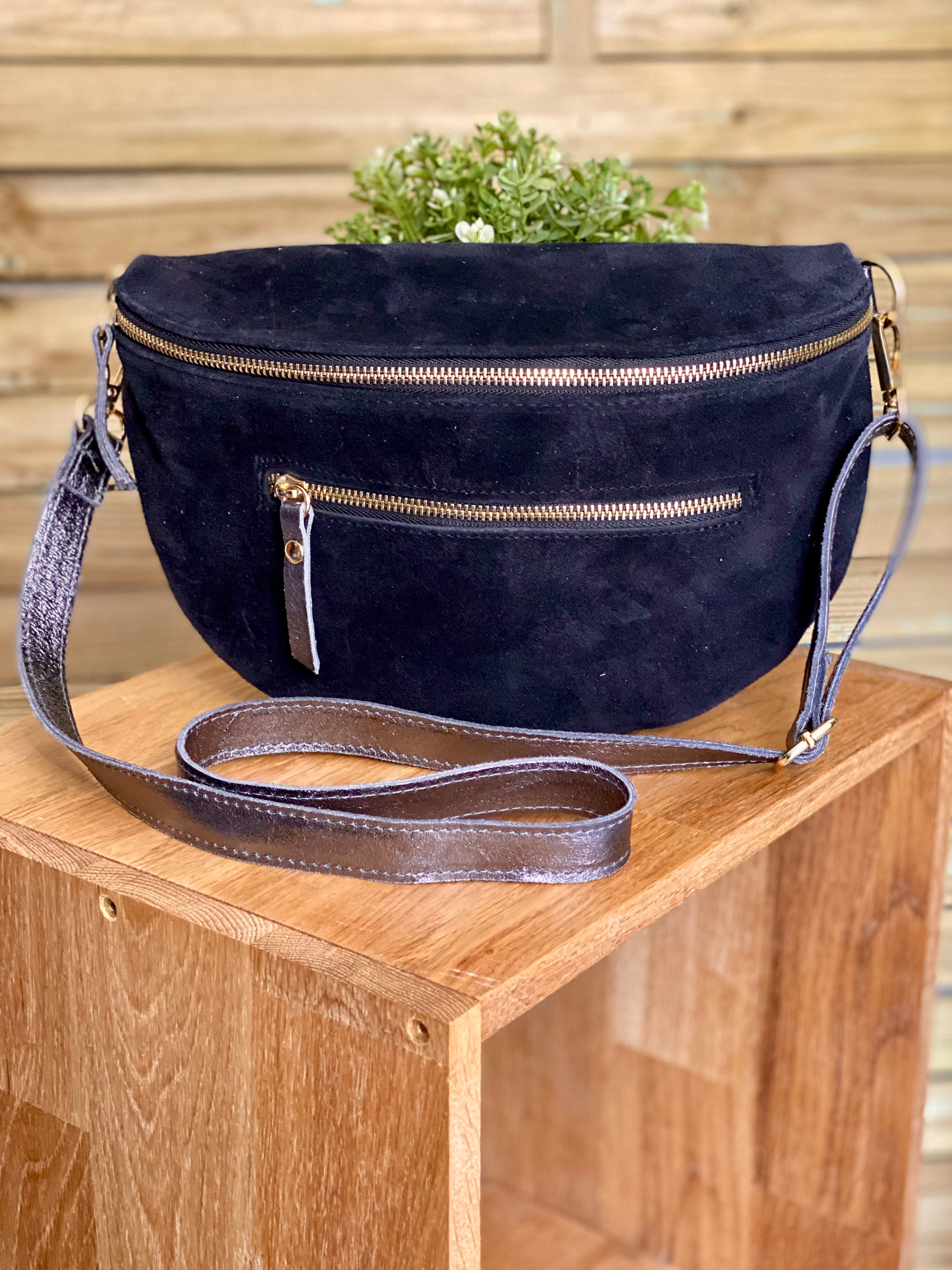 Sac banane XL 2 zips en cuir velours et irisé 30cm TERRY - Noir