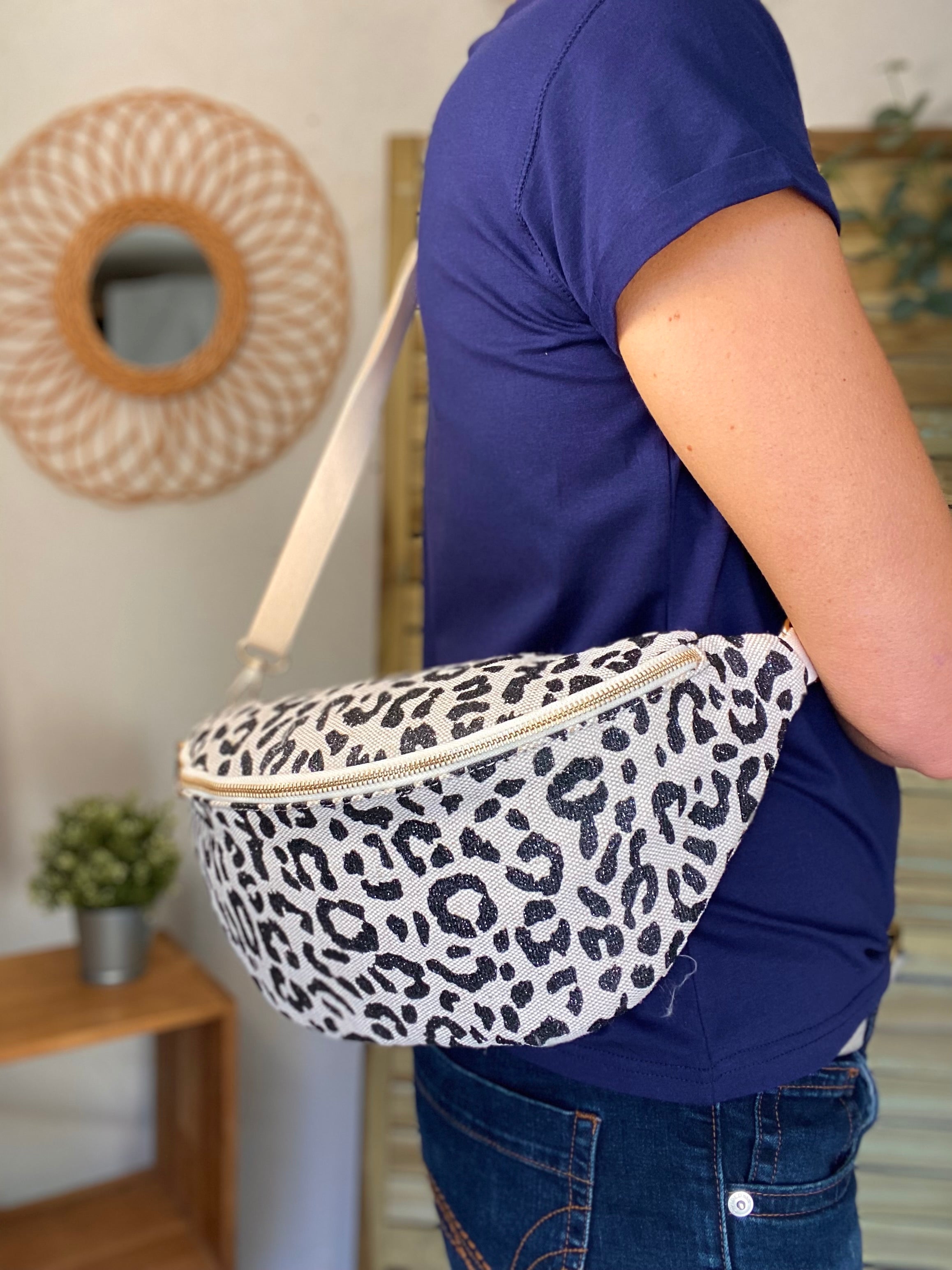 Sac banane XL en toile léo Noir pailleté - KATE