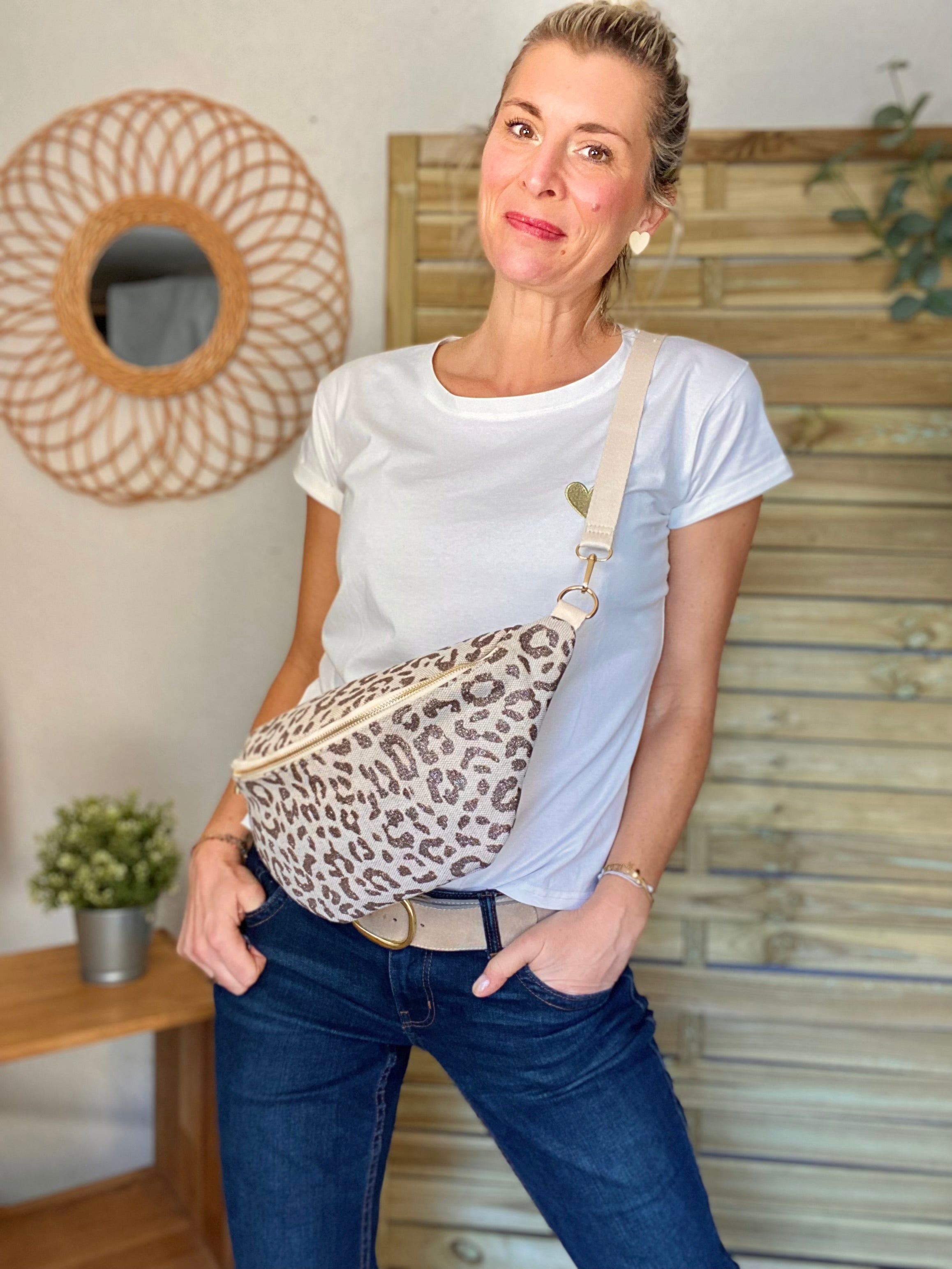 Sac banane XL en toile léo Taupe pailleté - KATE