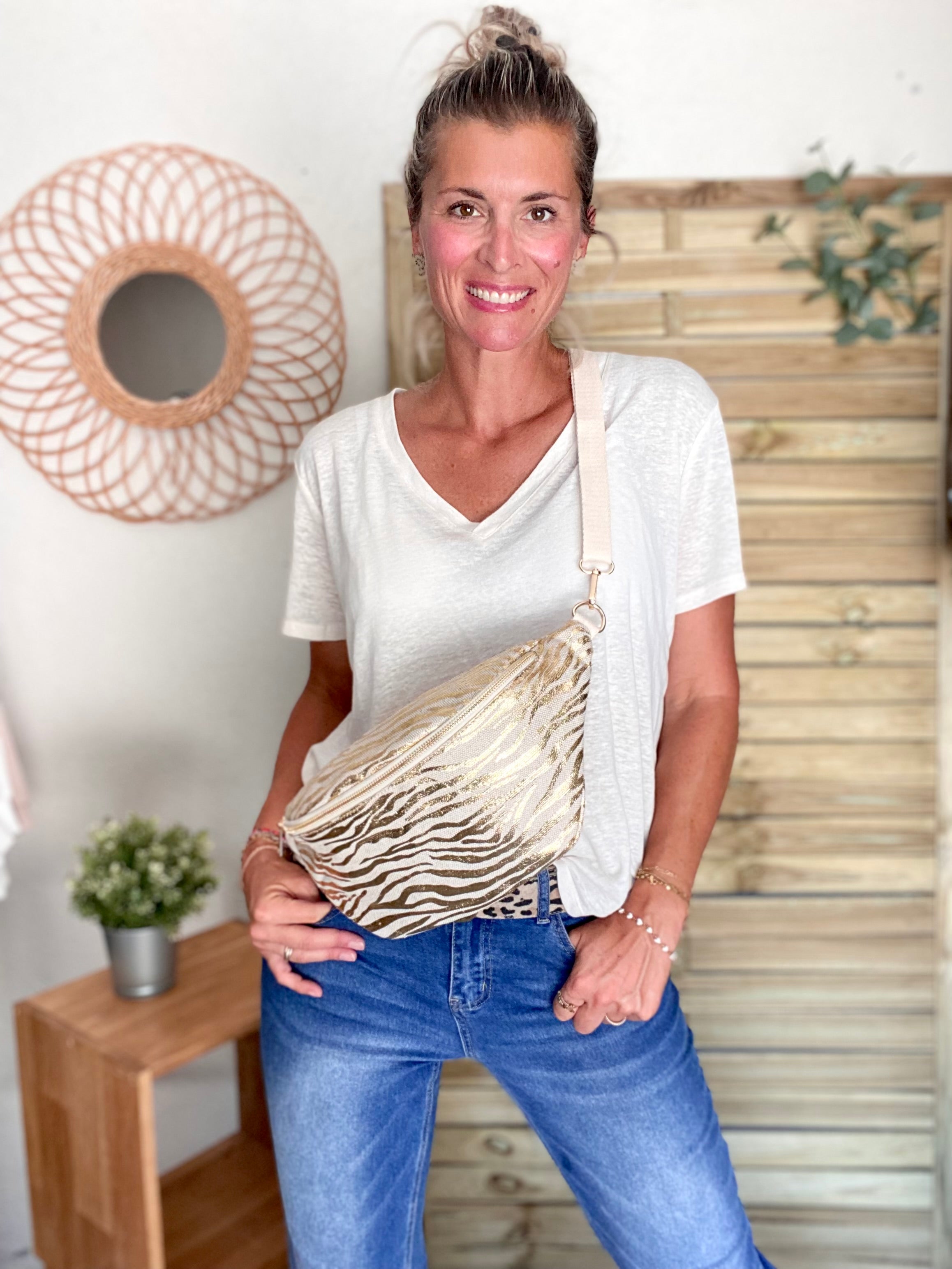 Sac banane XL en toile zebrée doré - KATE 