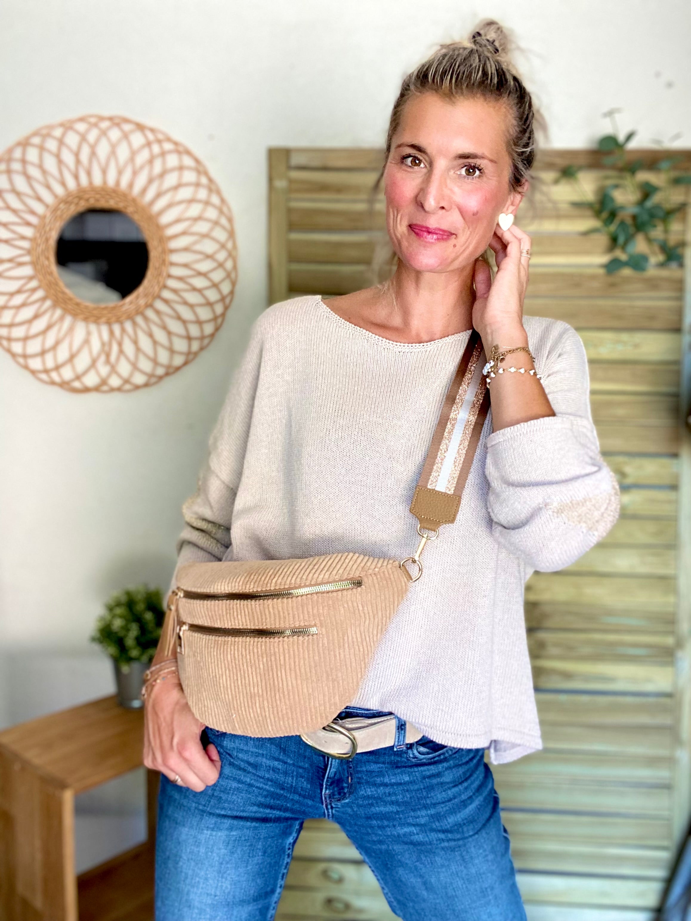 Sac banane XL en velours côtelé 2 zips et sangle fantaisie - WENDY - Beige foncé