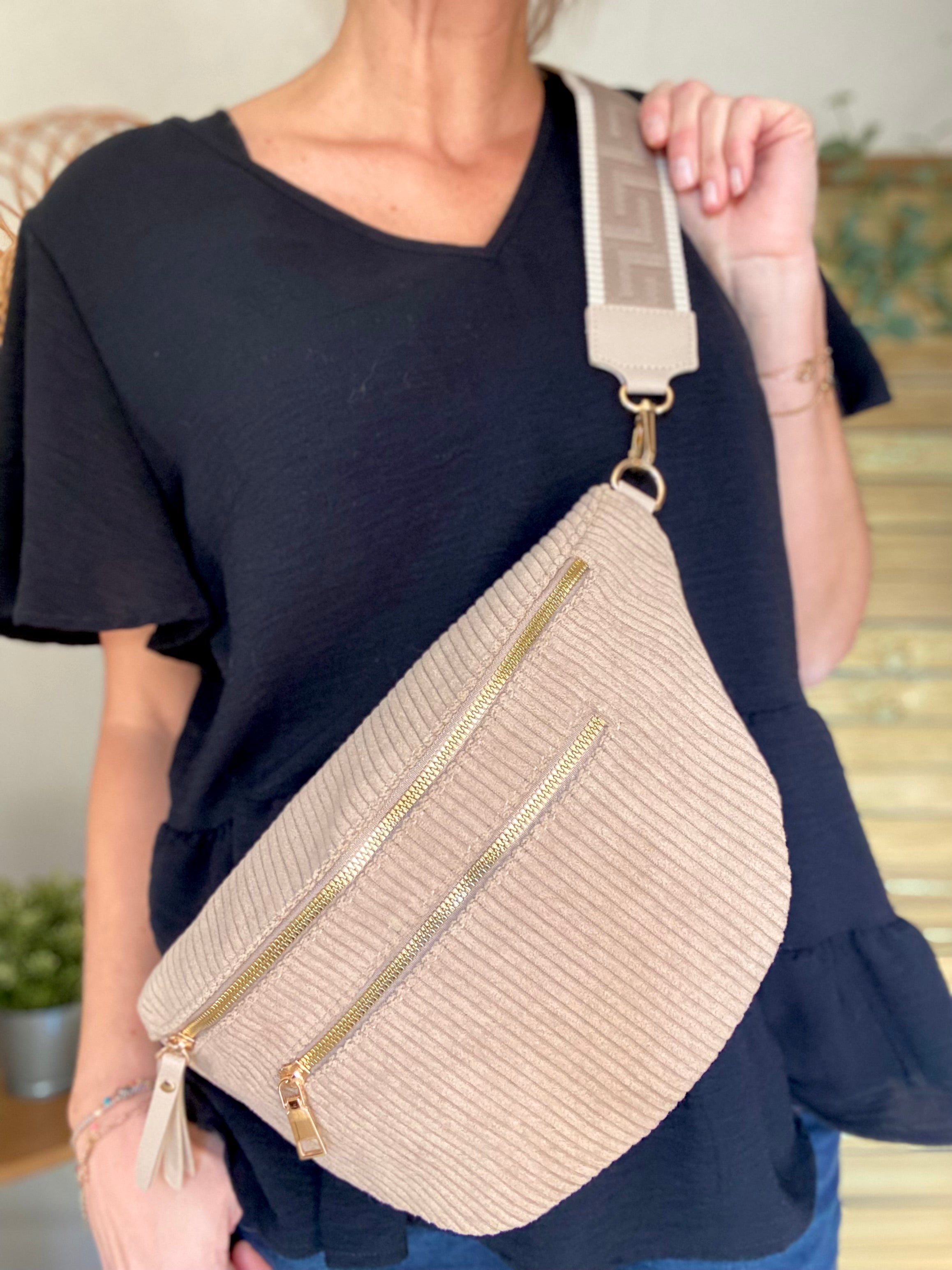 Sac banane XL en velours côtelé 2 zips et sangle fantaisie - WENDY - Taupe