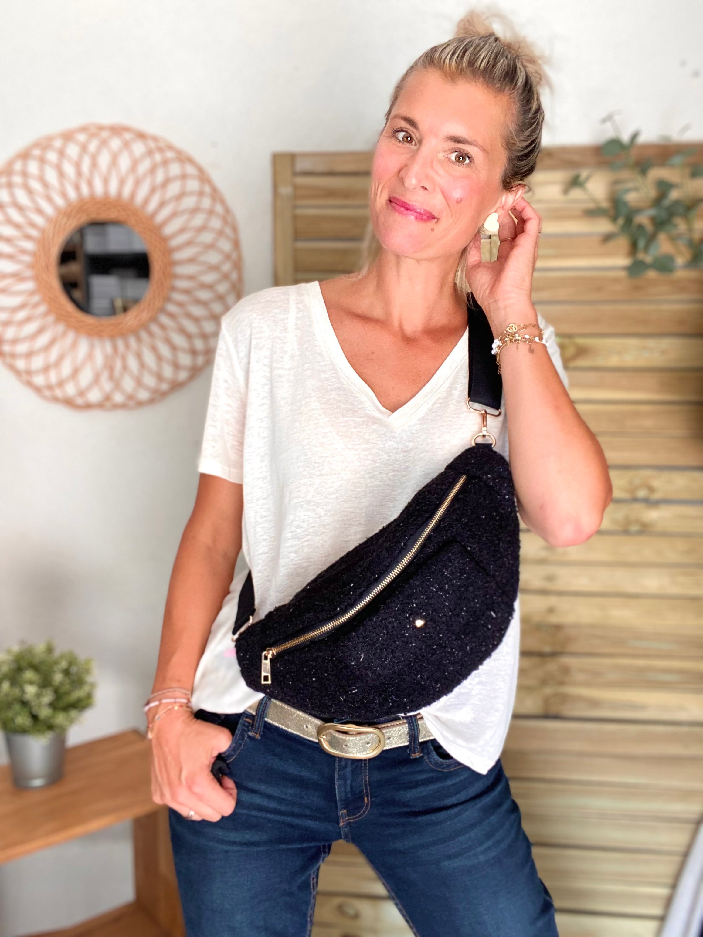 Sac banane XL moumoute lurex avec poche avant - CHELSEA - Noir