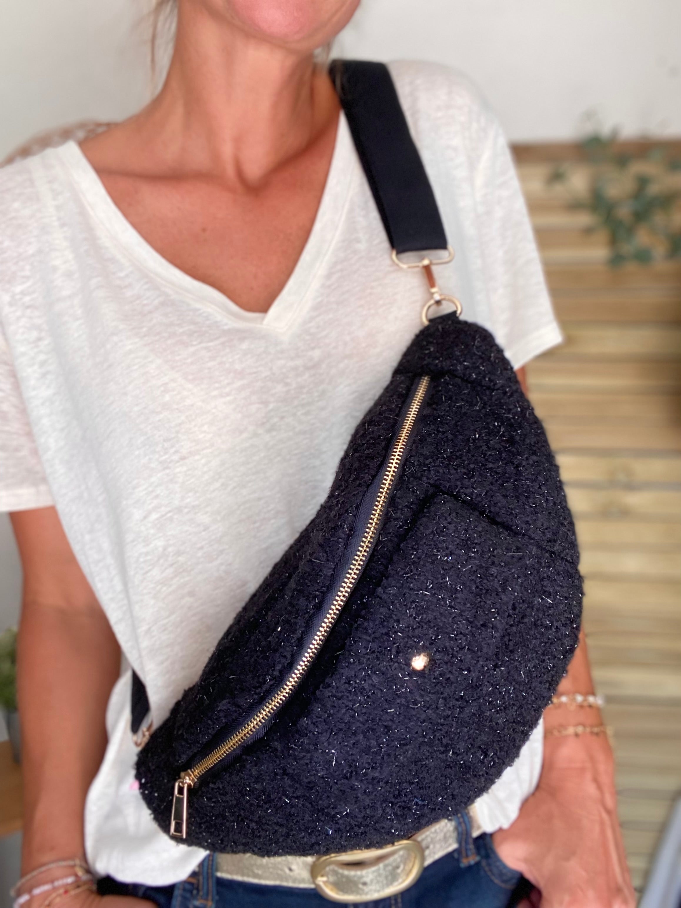 Sac banane XL moumoute lurex avec poche avant - CHELSEA - Noir