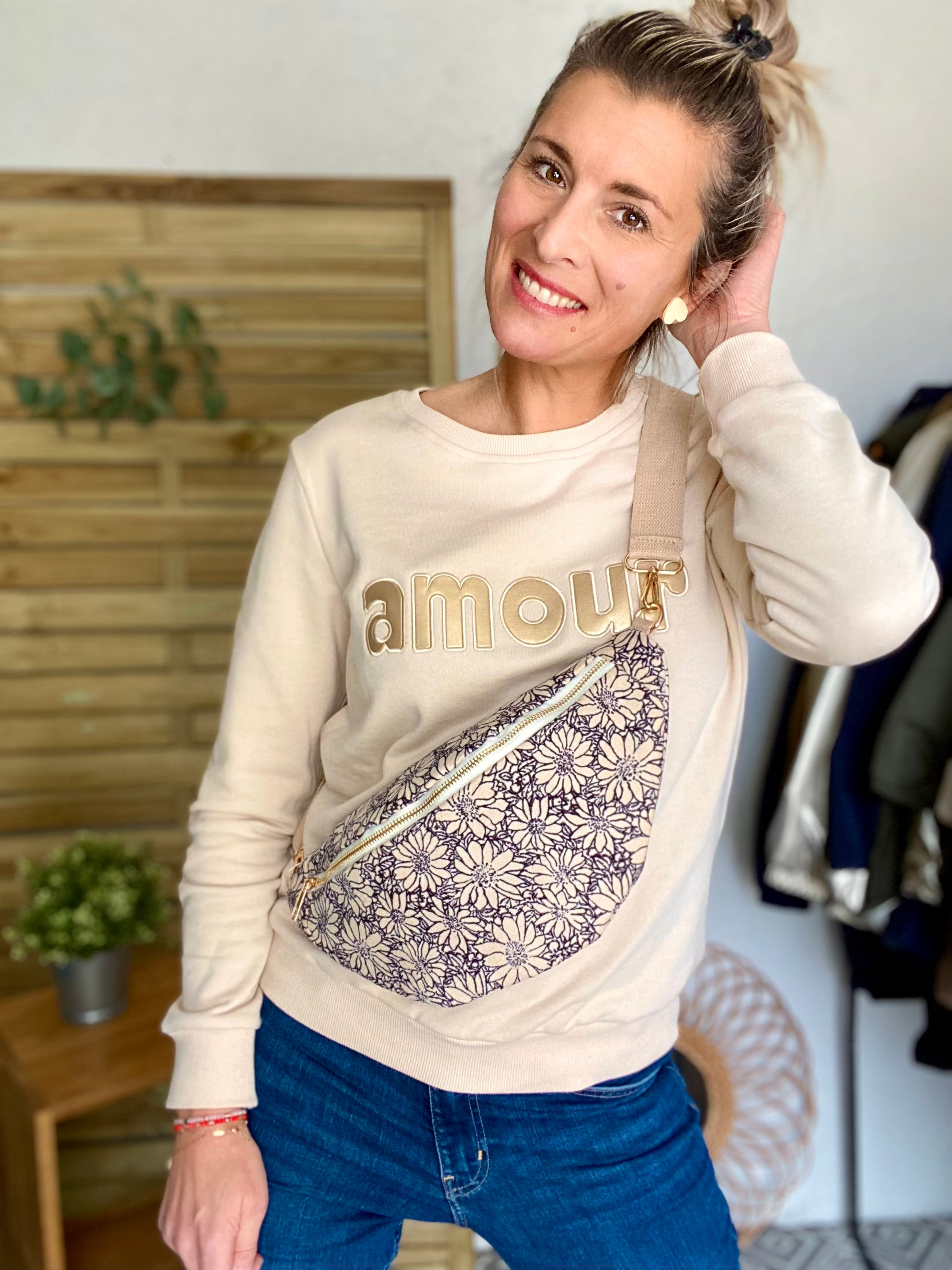 Sac banane XL velours Ciao Boum - IVY - Beige marguerites
