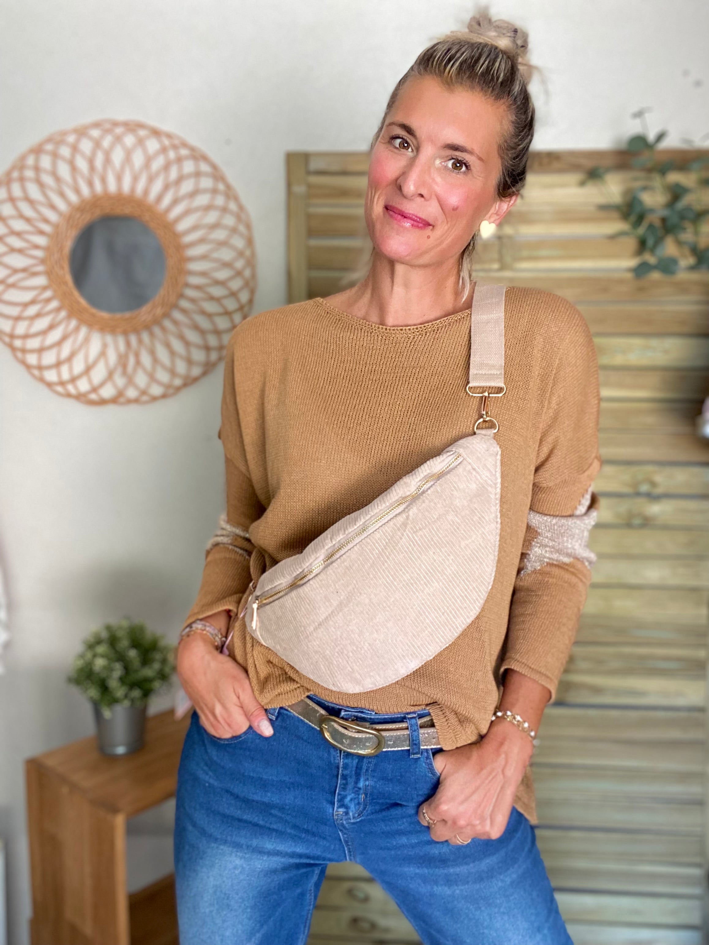 Sac banane XL velours côtelé Ciao Boum - IVY - Beige