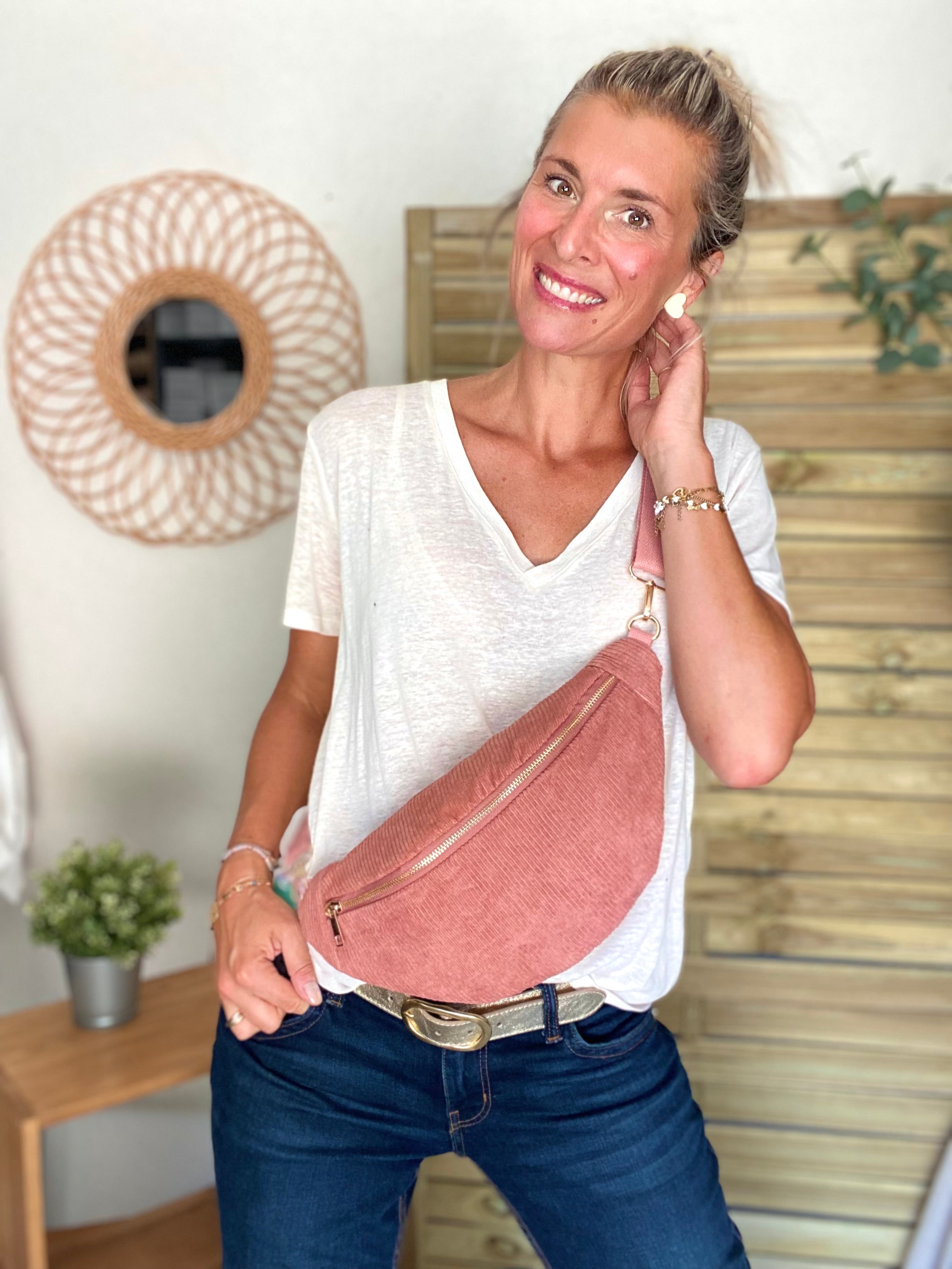 Sac banane XL velours côtelé Ciao Boum - IVY - Rose