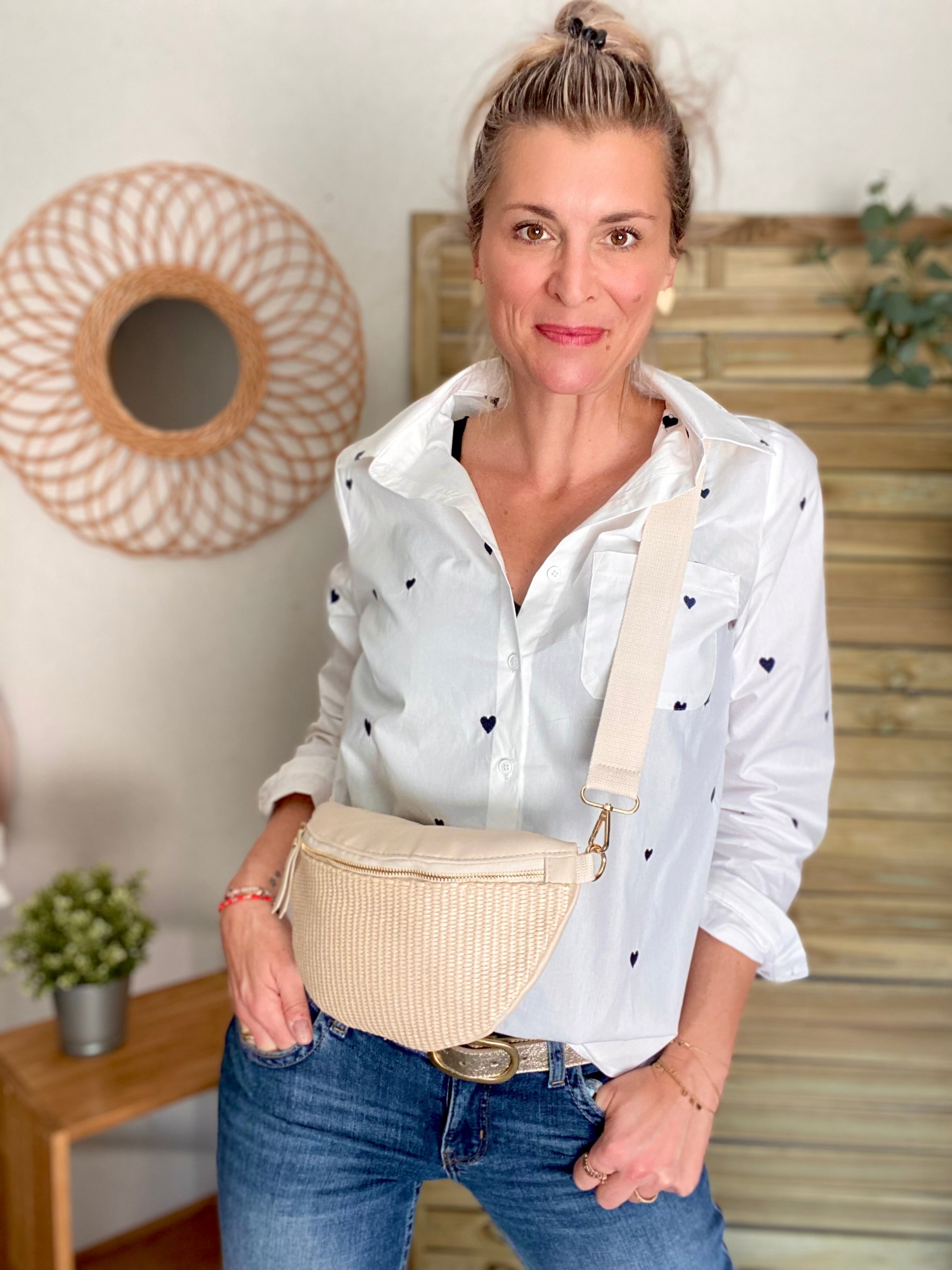 Sac banane bi-matière effet paille - DOLLY Atelier Paname - Beige clair / écru  (format L) 