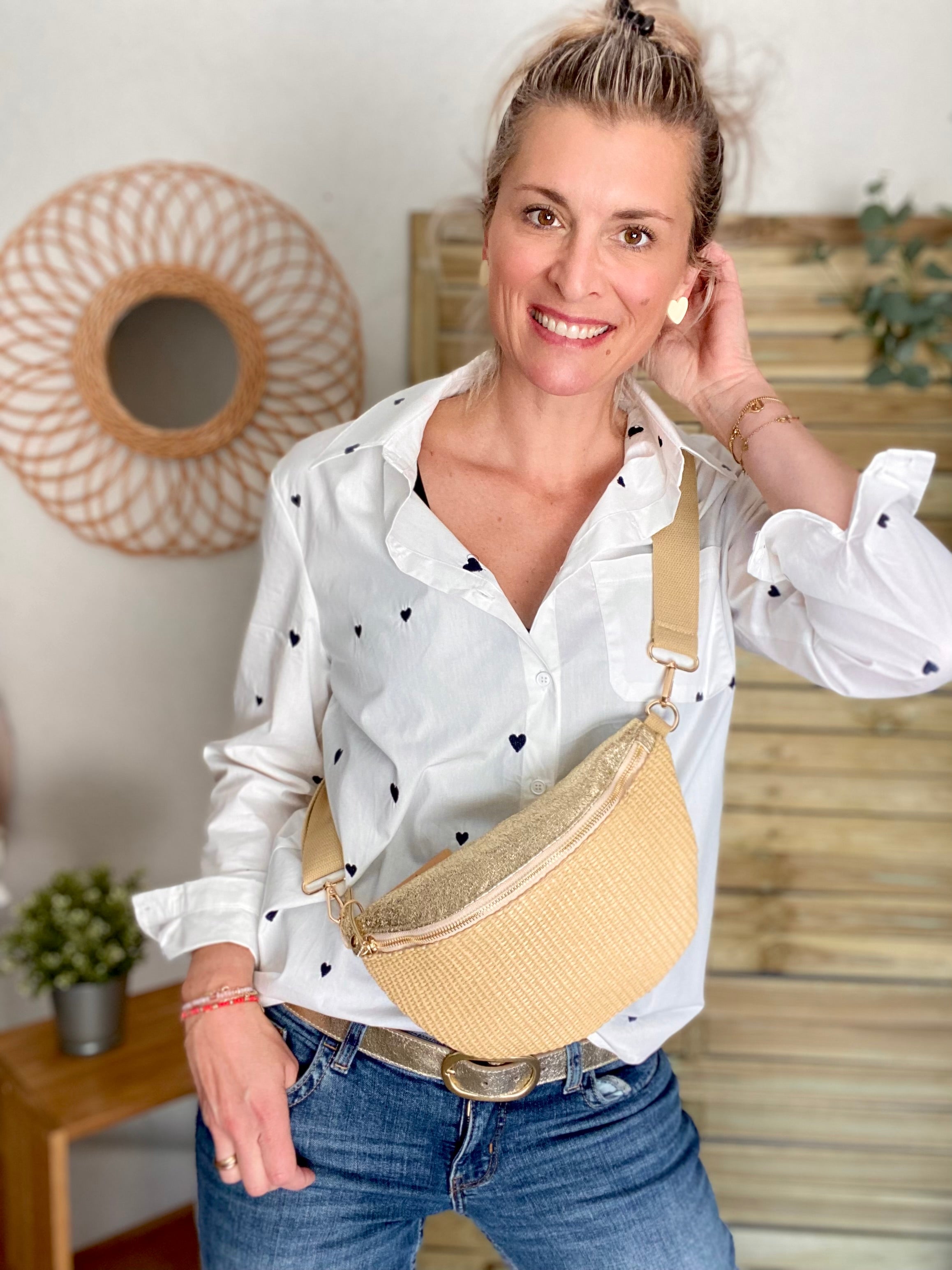Sac banane bi-matière effet paille - DOLLY Atelier Paname - Doré (format L) 