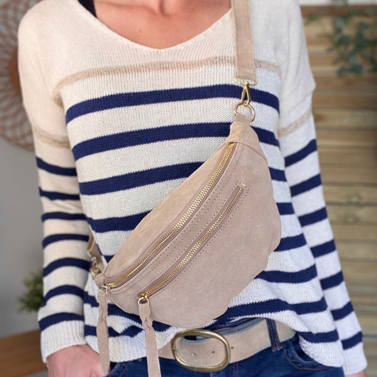 Sac Banane Daim Beige Sac Banane Double Poche En Cuir Daim OPALINE