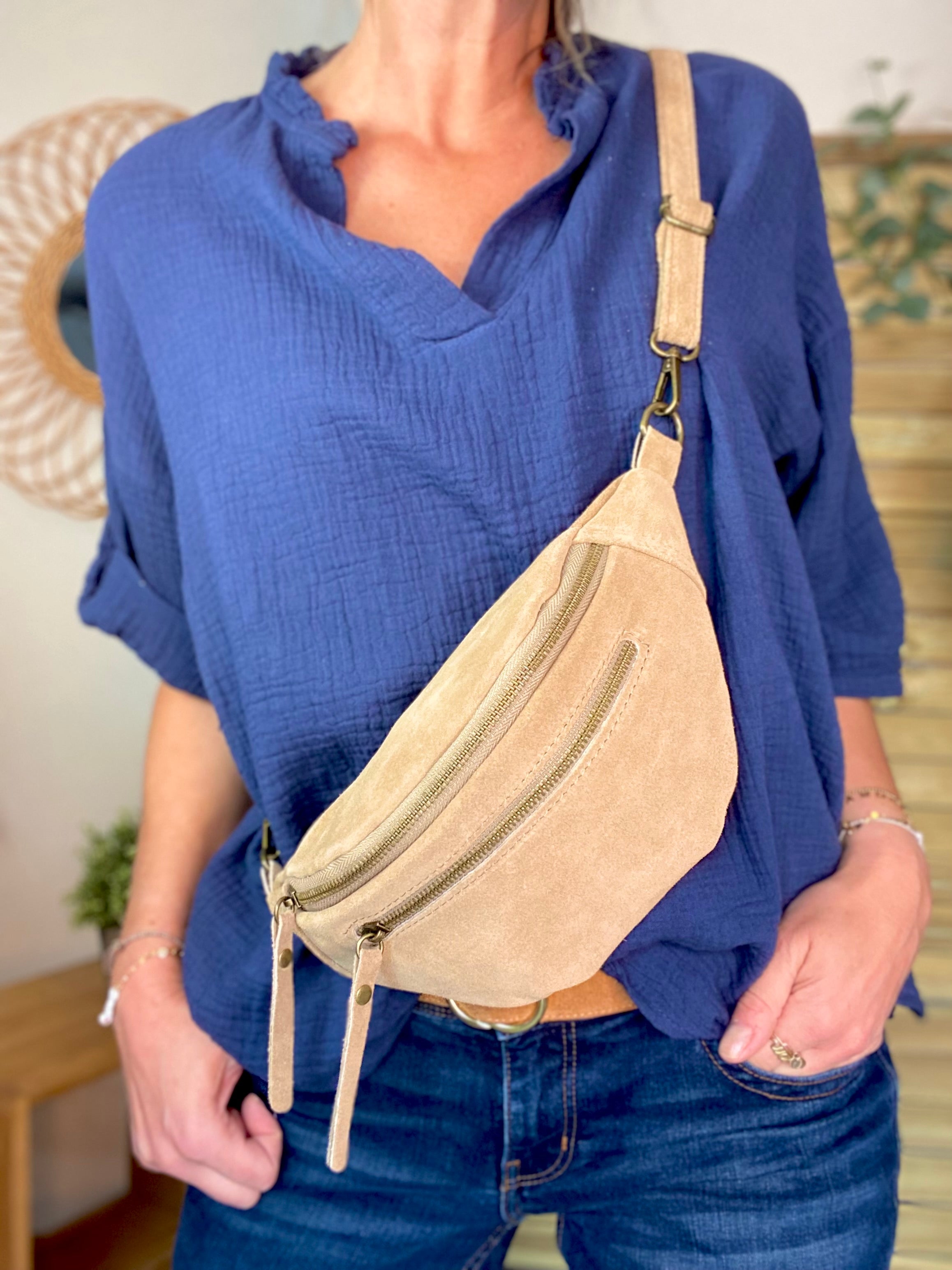 Sac banane double poche en cuir daim - OPALINE - Beige Taupe clair (Tan)