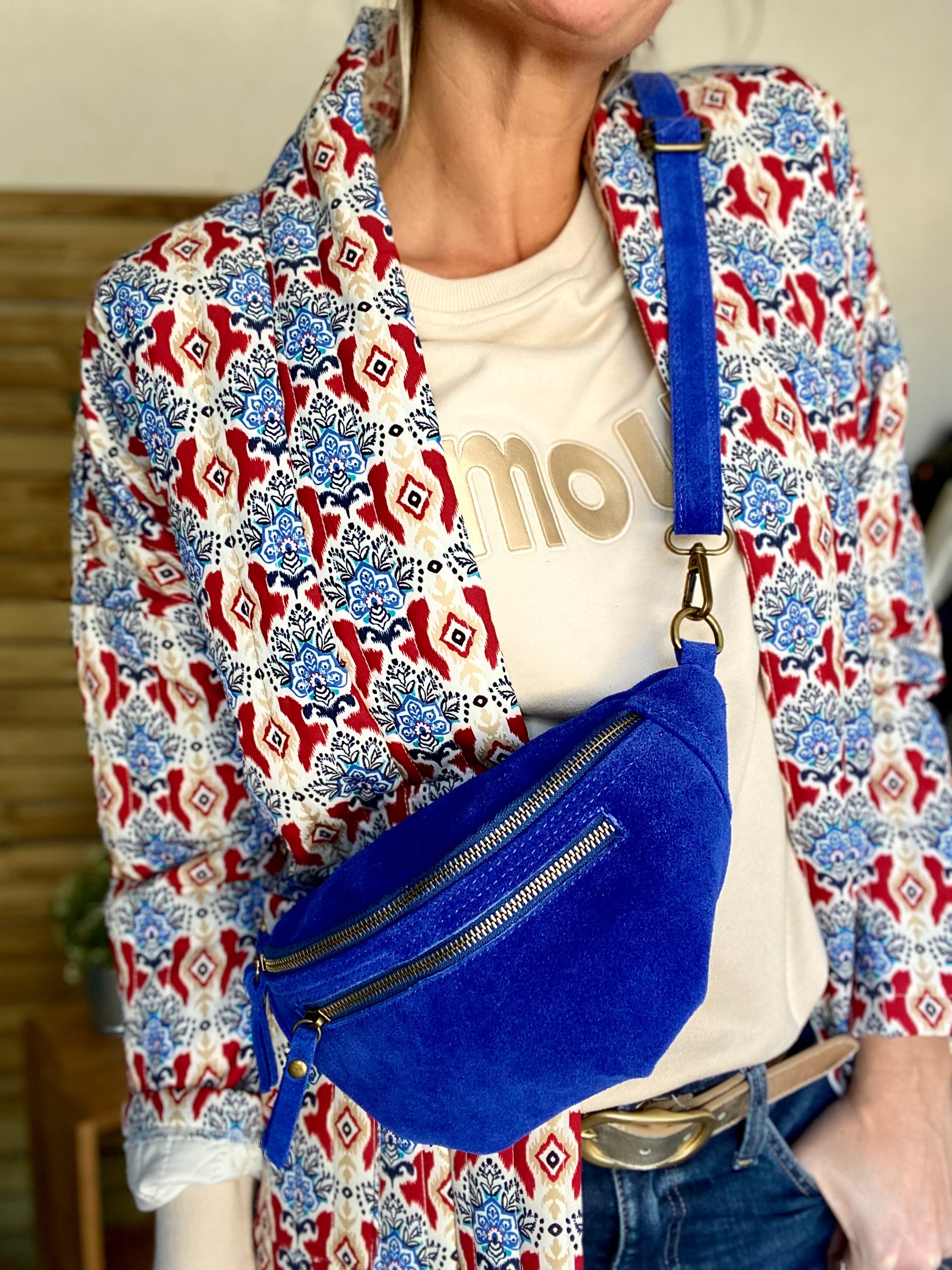Sac banane double poche en cuir daim - OPALINE - Bleu roi