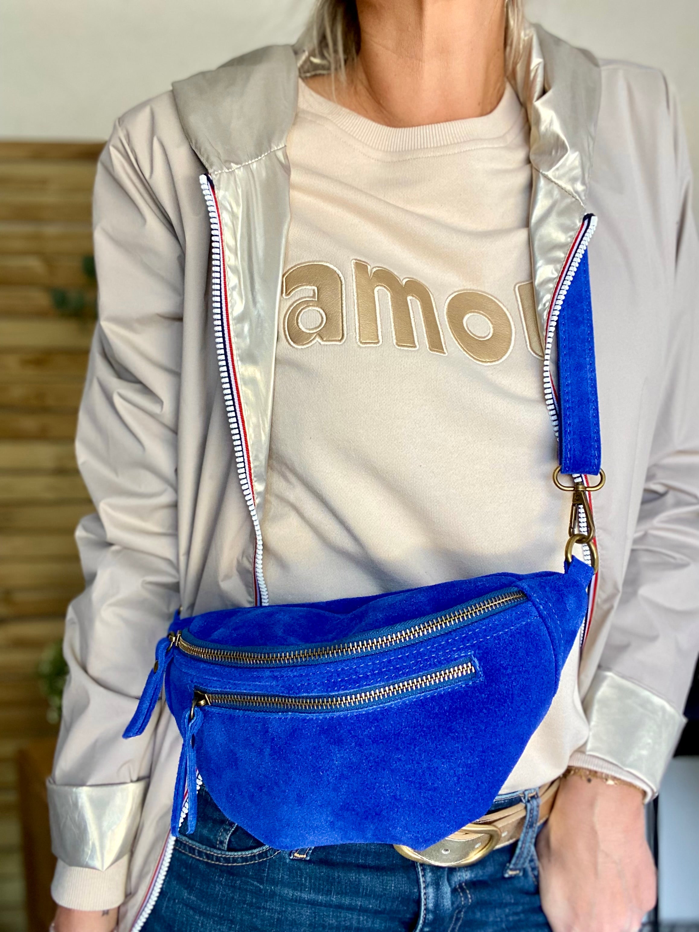Sac banane double poche en cuir daim - OPALINE - Bleu roi