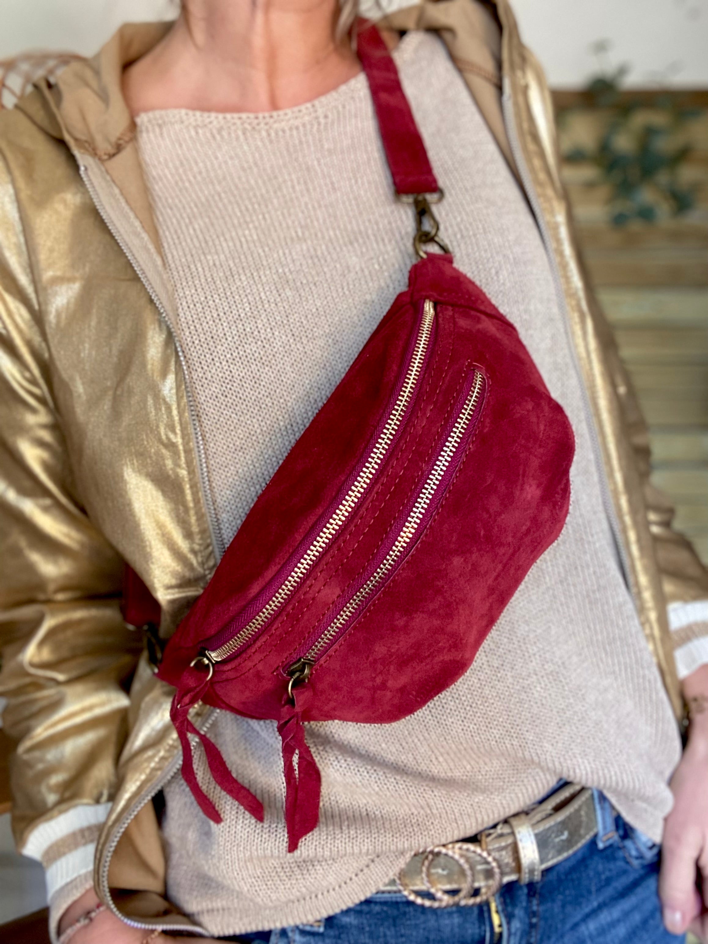 Sac banane double poche en cuir daim - OPALINE - Bordeaux