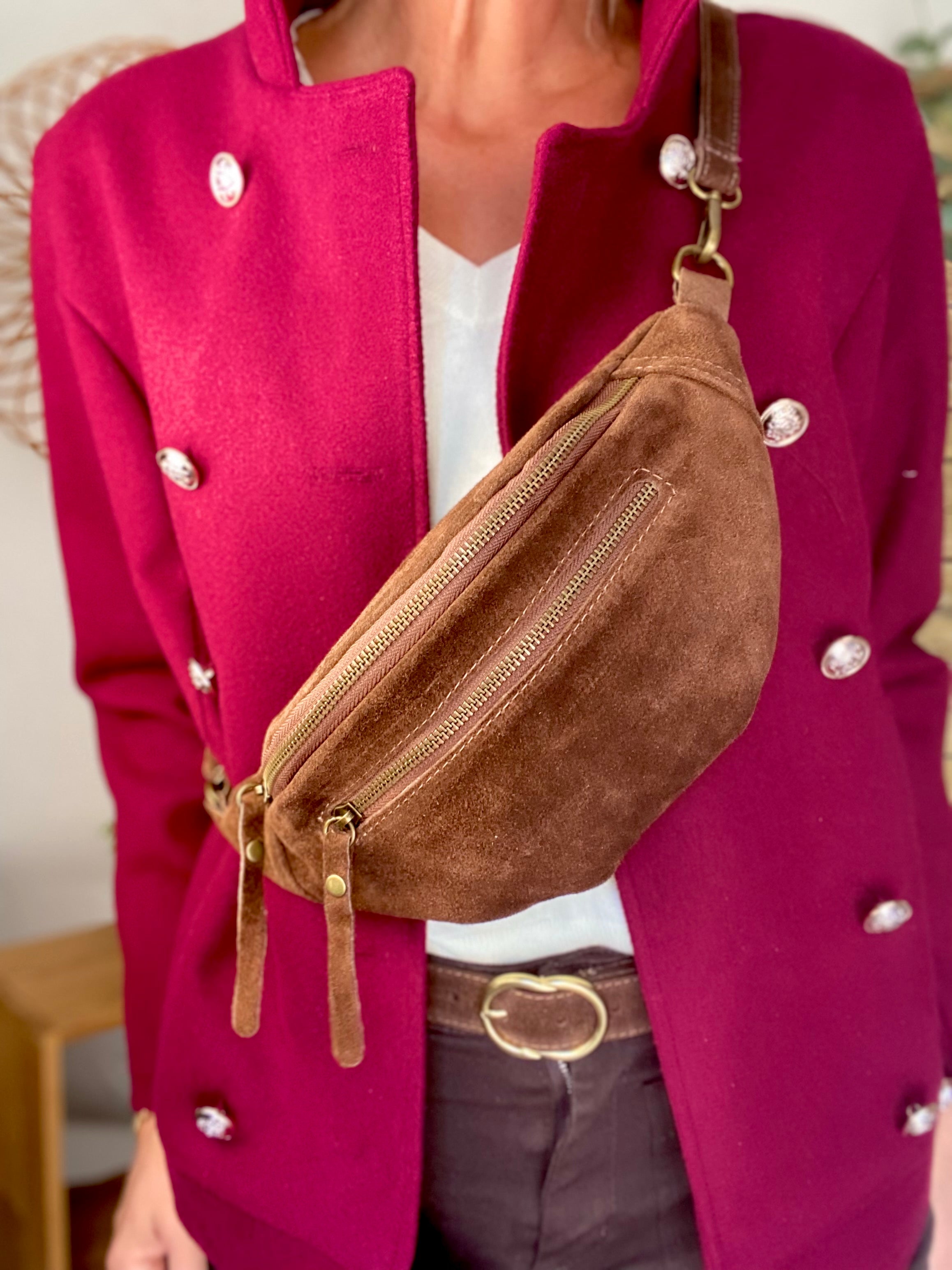 Sac banane double poche en cuir daim - OPALINE - Café