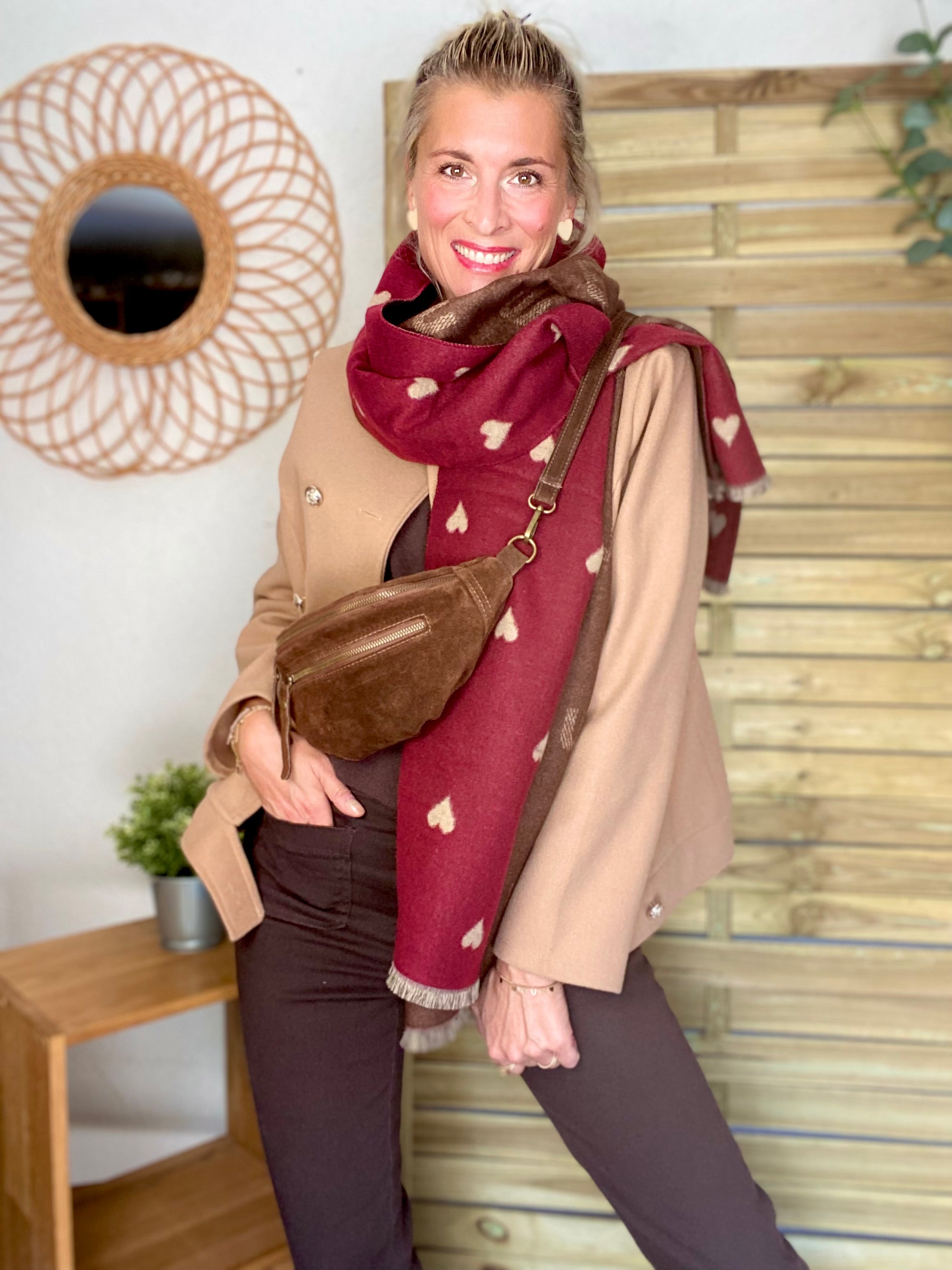 Sac banane double poche en cuir daim - OPALINE - Café